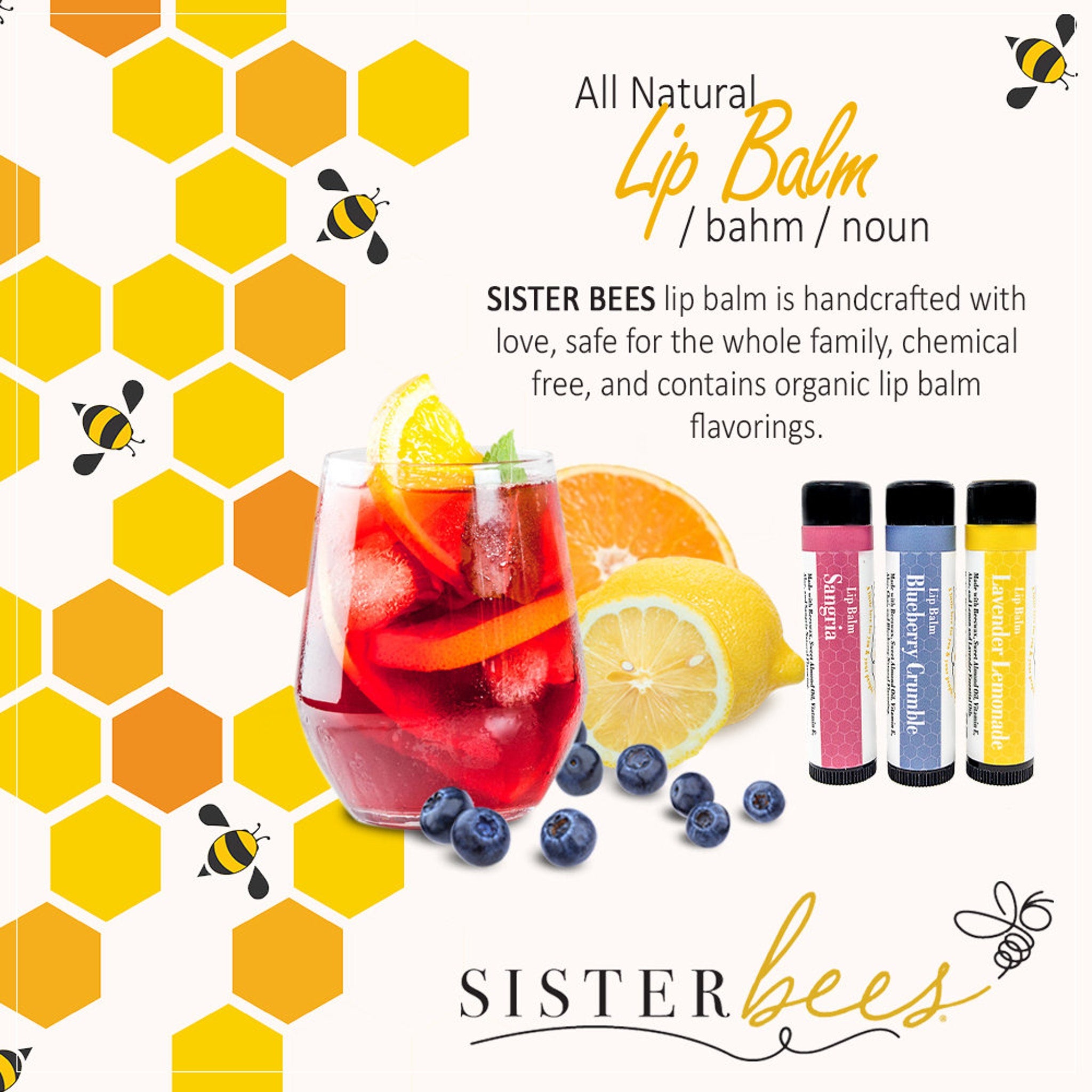 Lip balm tubes with pink, blue, and yellow labels, Sister Bees brand, with fruit and drink