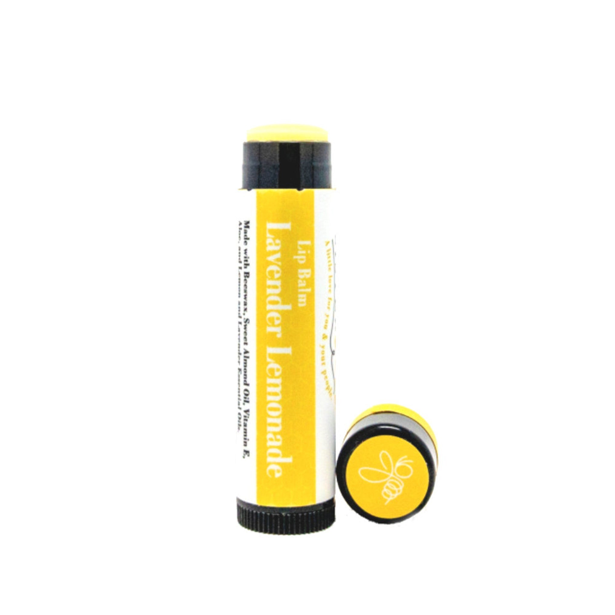 Lip balm tube with yellow, black, and white label, and a yellow cap with bee logo