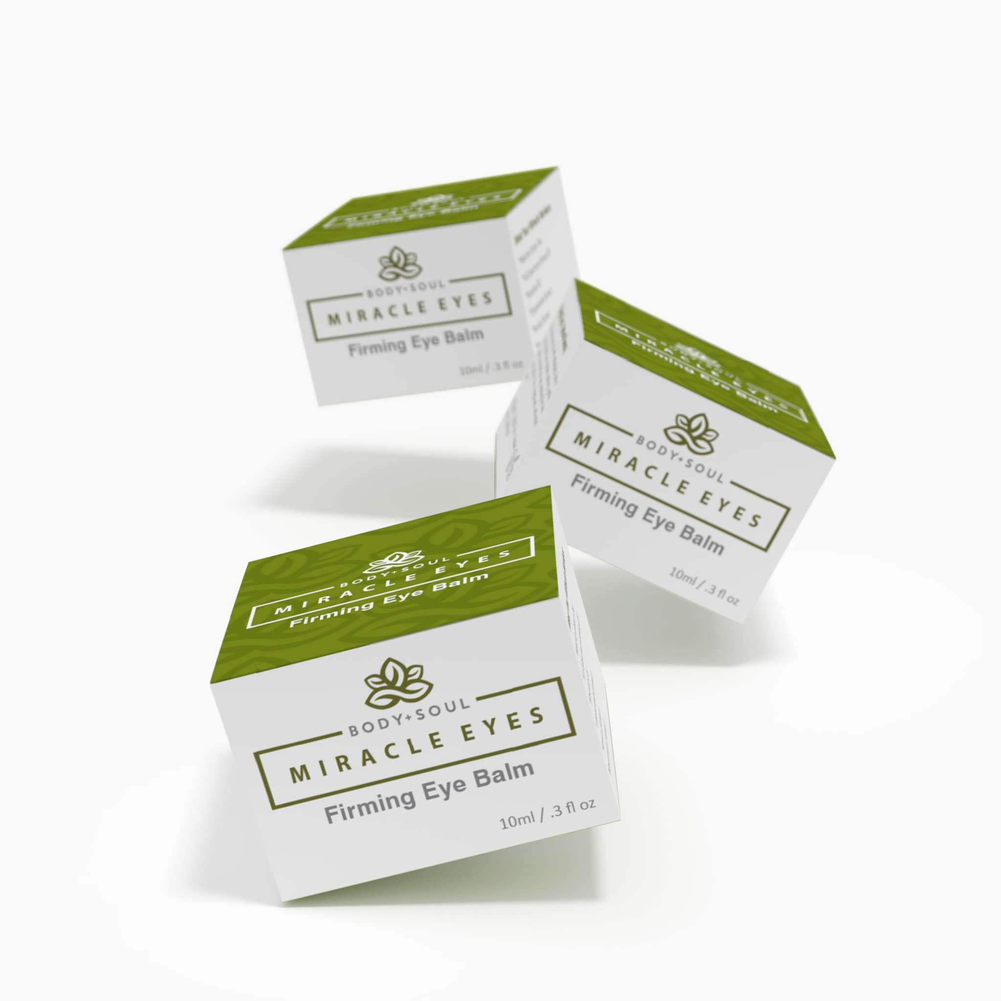 Firming Eye Balm product boxes with white, green, and black text, floating in a group