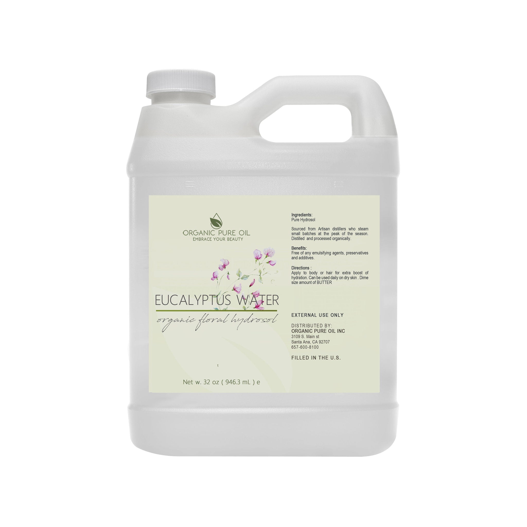 Eucalyptus water in white plastic jug with handle, green label, and text "Organic Pure Oil