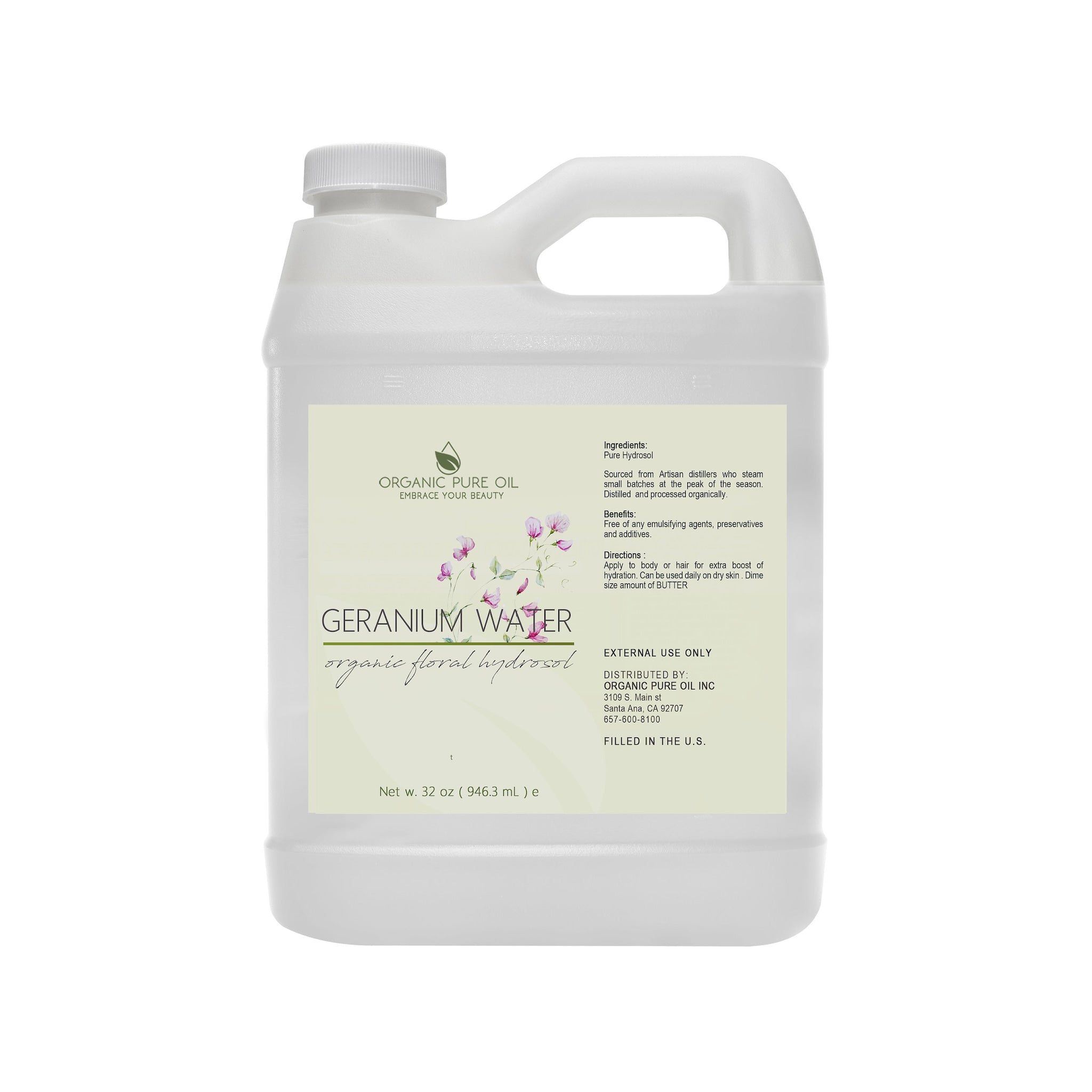 Geranium Water Hydrosol in white plastic bottle with handle, Organic Pure Oil label visible