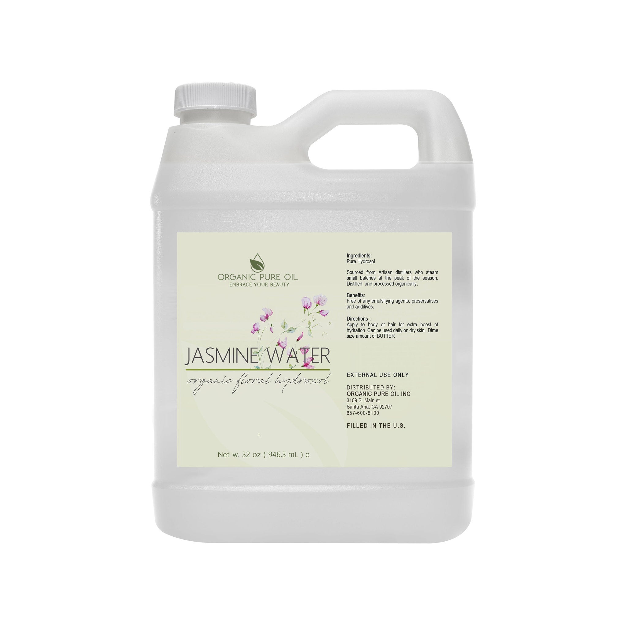 Jasmine water in white plastic jug with handle, Organic Pure Oil brand label, for external use