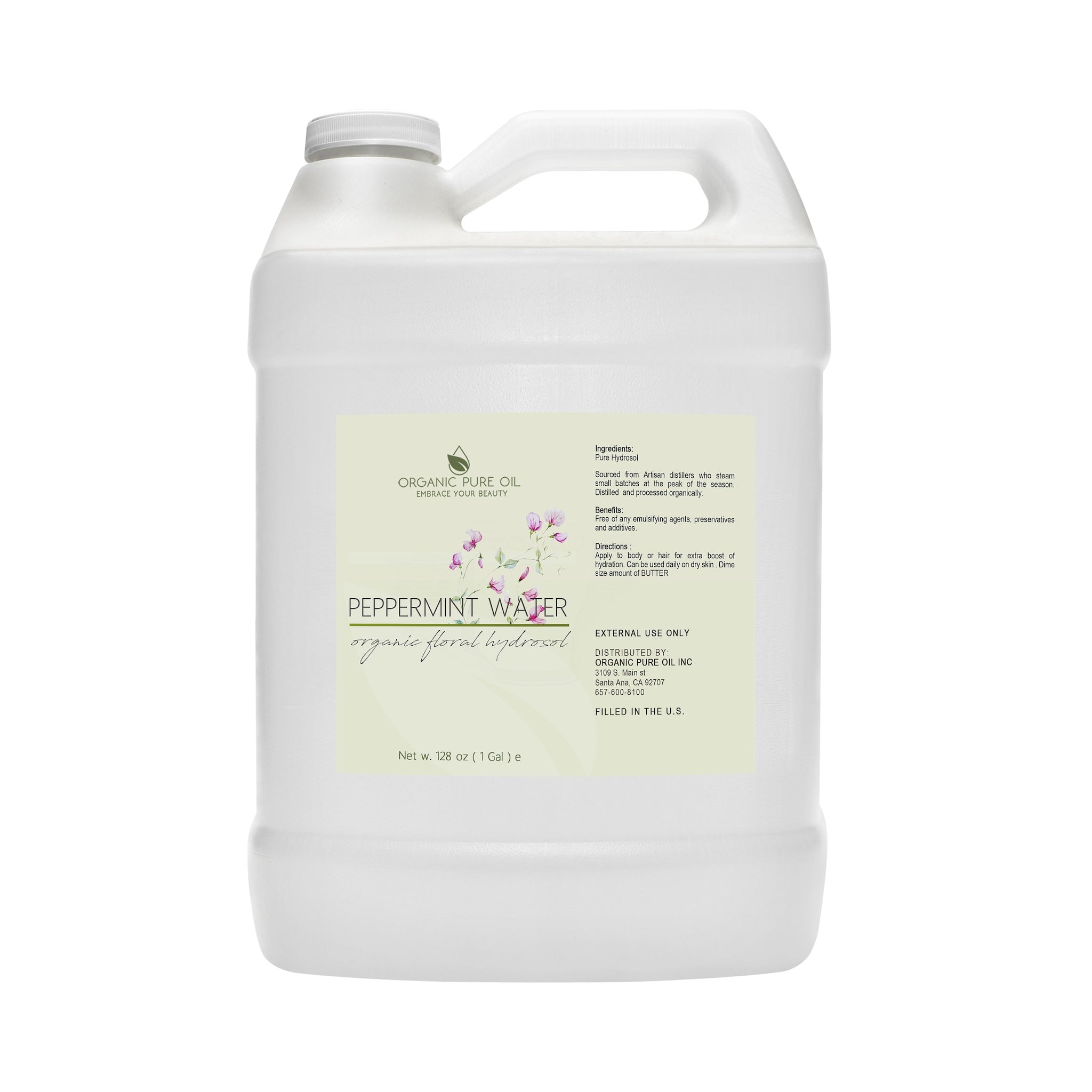 Peppermint Water Hydrosol, white plastic jug with handle, Organic Pure Oil label visible