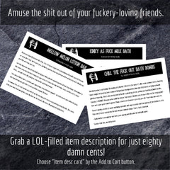 Bath bomb product information cards, black text on white paper, Badgerface Beauty Supply brand