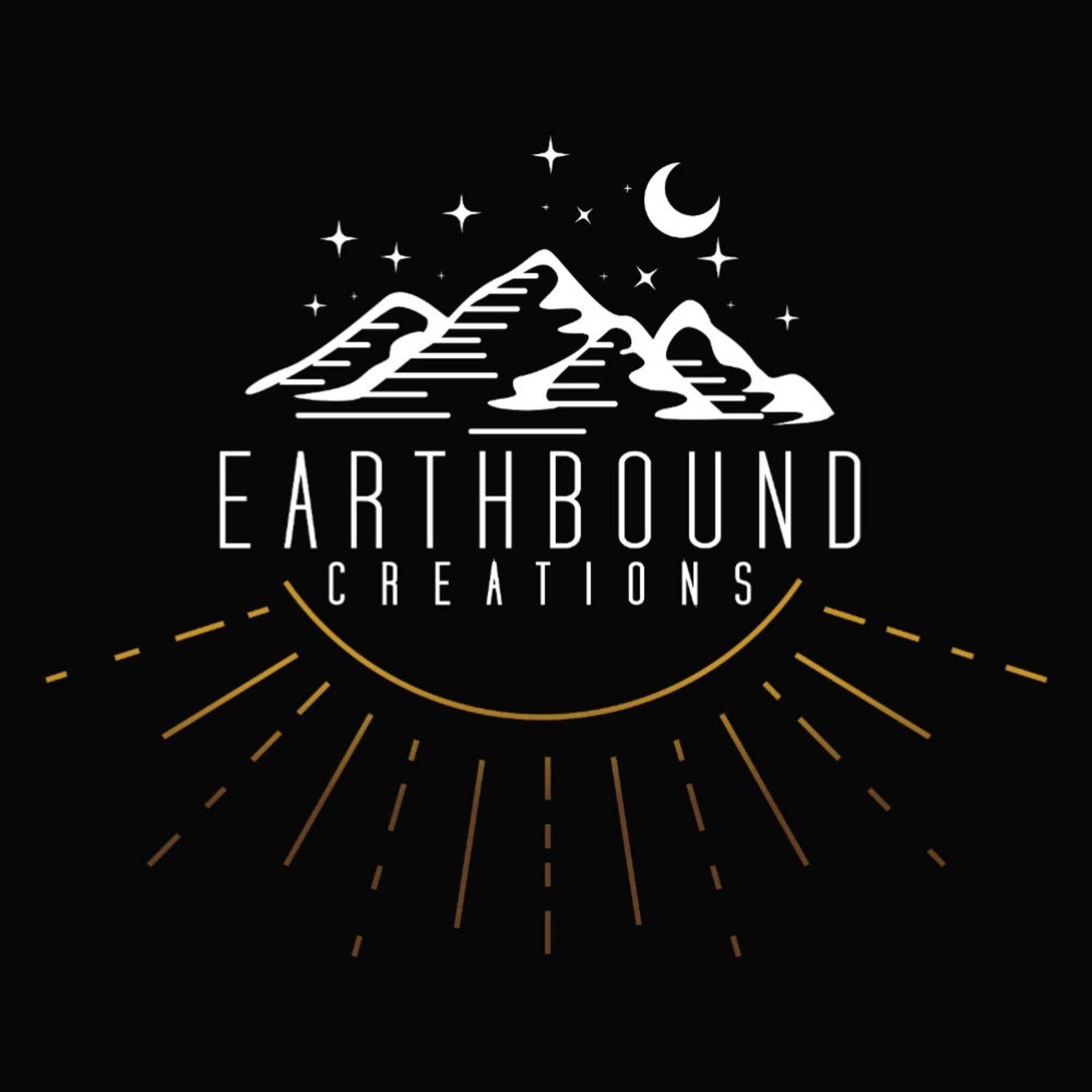 Logo featuring white mountains, stars, moon, and gold sunburst on black background, Earthbound Creations text