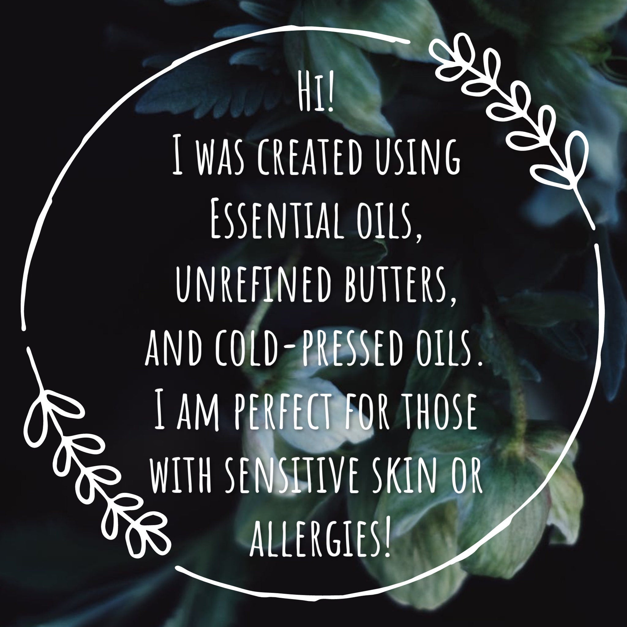 Text graphic with white script on dark background, floral border, and text about essential oils