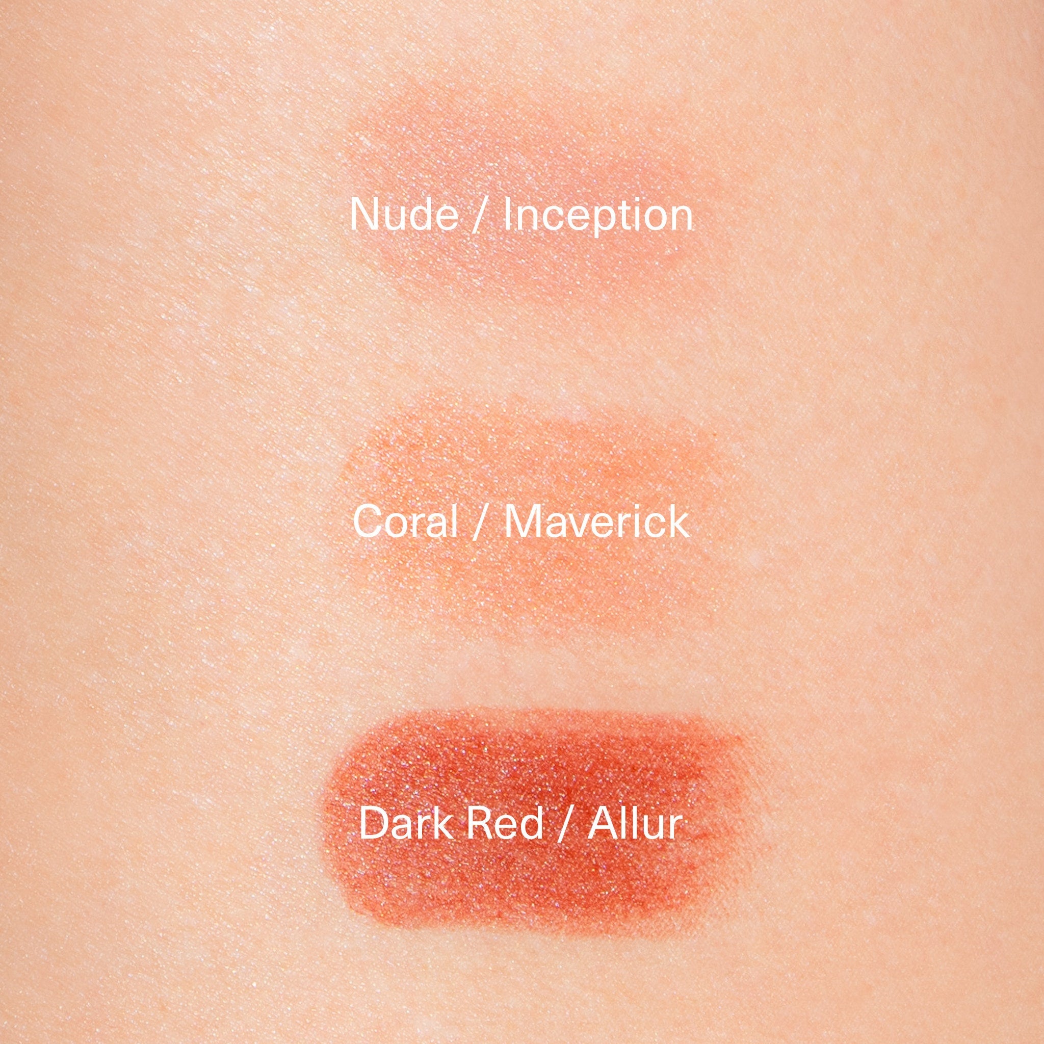 Lipstick swatches on skin in nude, coral, and dark red shades, with names below each swatch