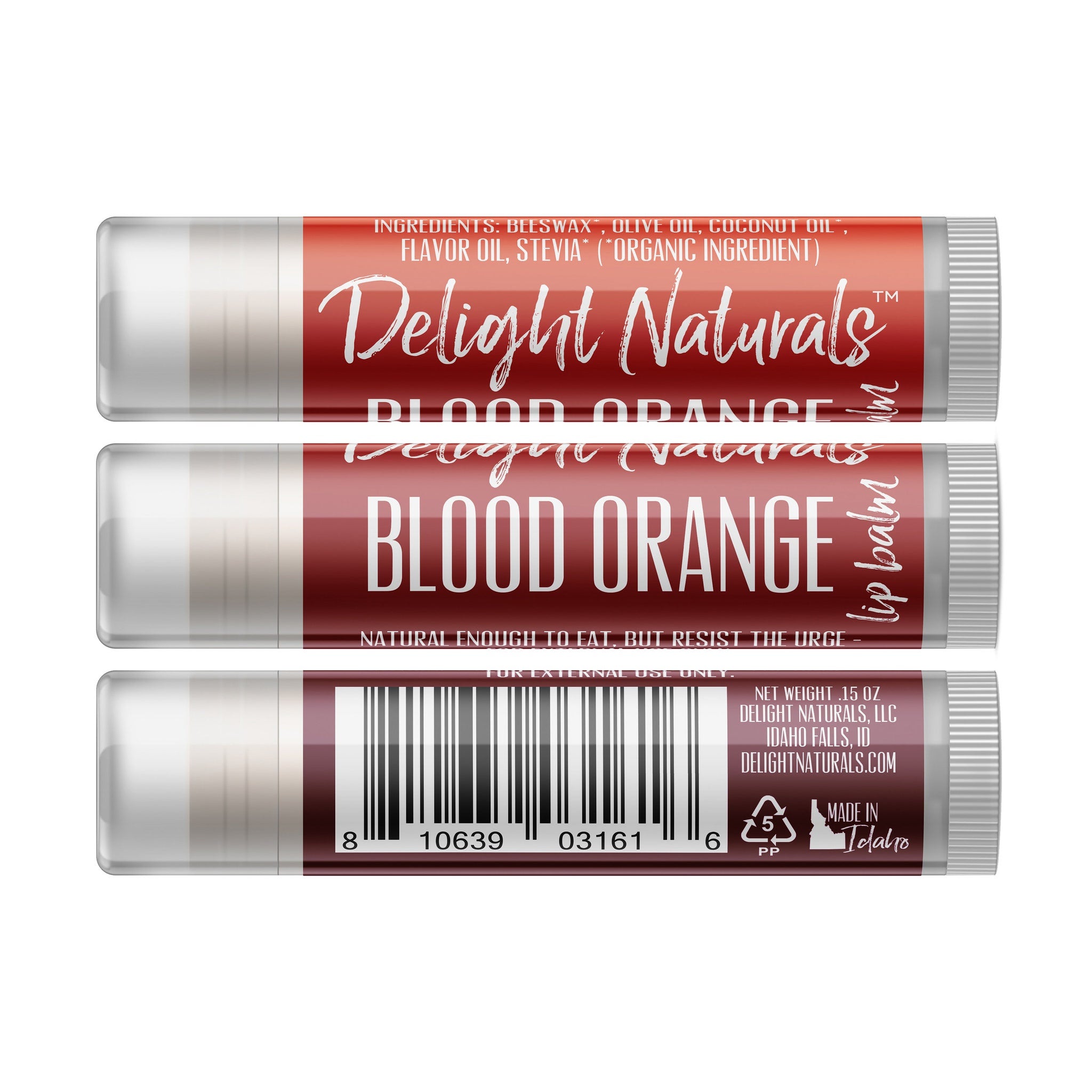 Lip balm in red with white text, Delight Naturals Blood Orange flavor, for external use