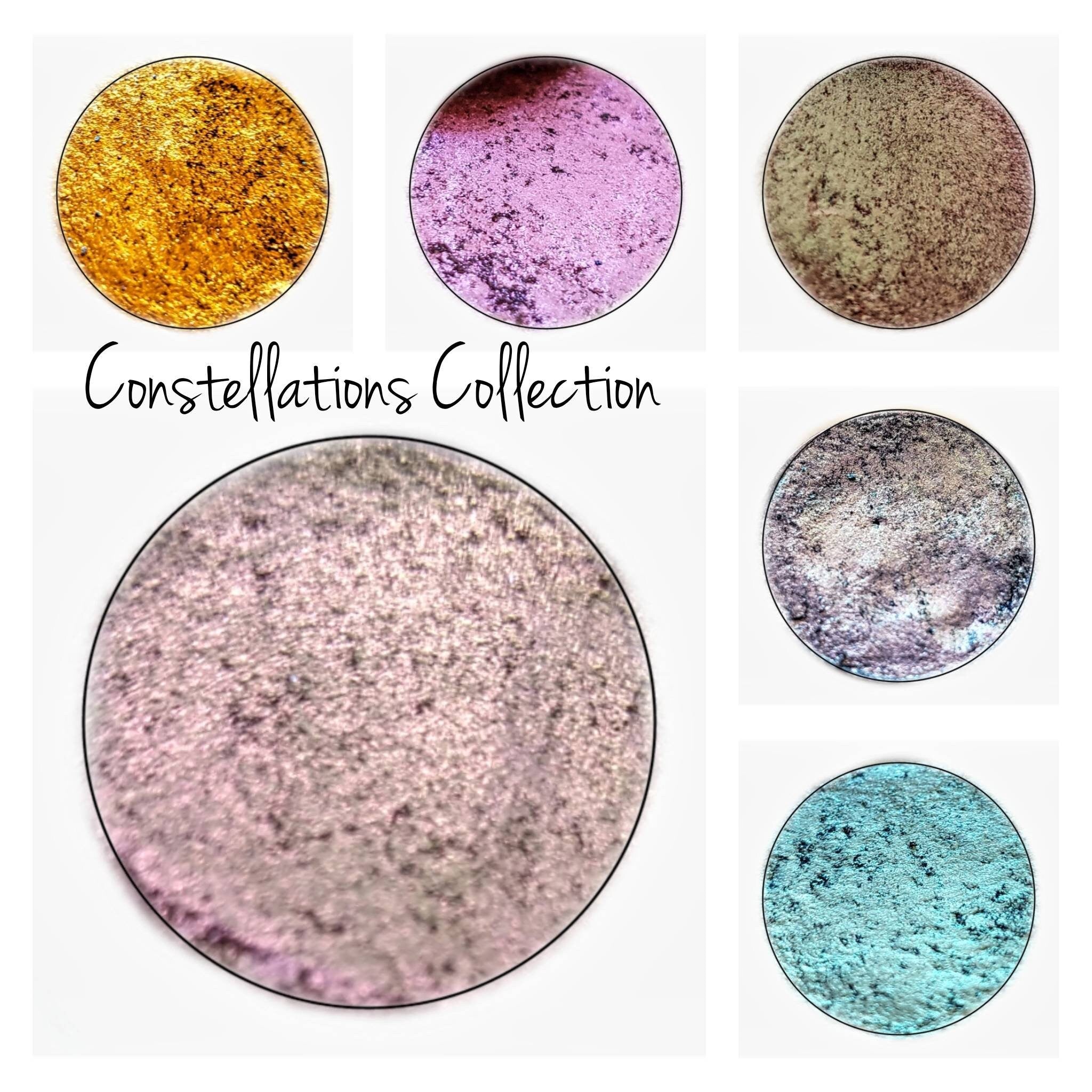 Close-up of multichrome pressed eyeshadow pan shifting from emerald green to gold with sparkling shimmer particles