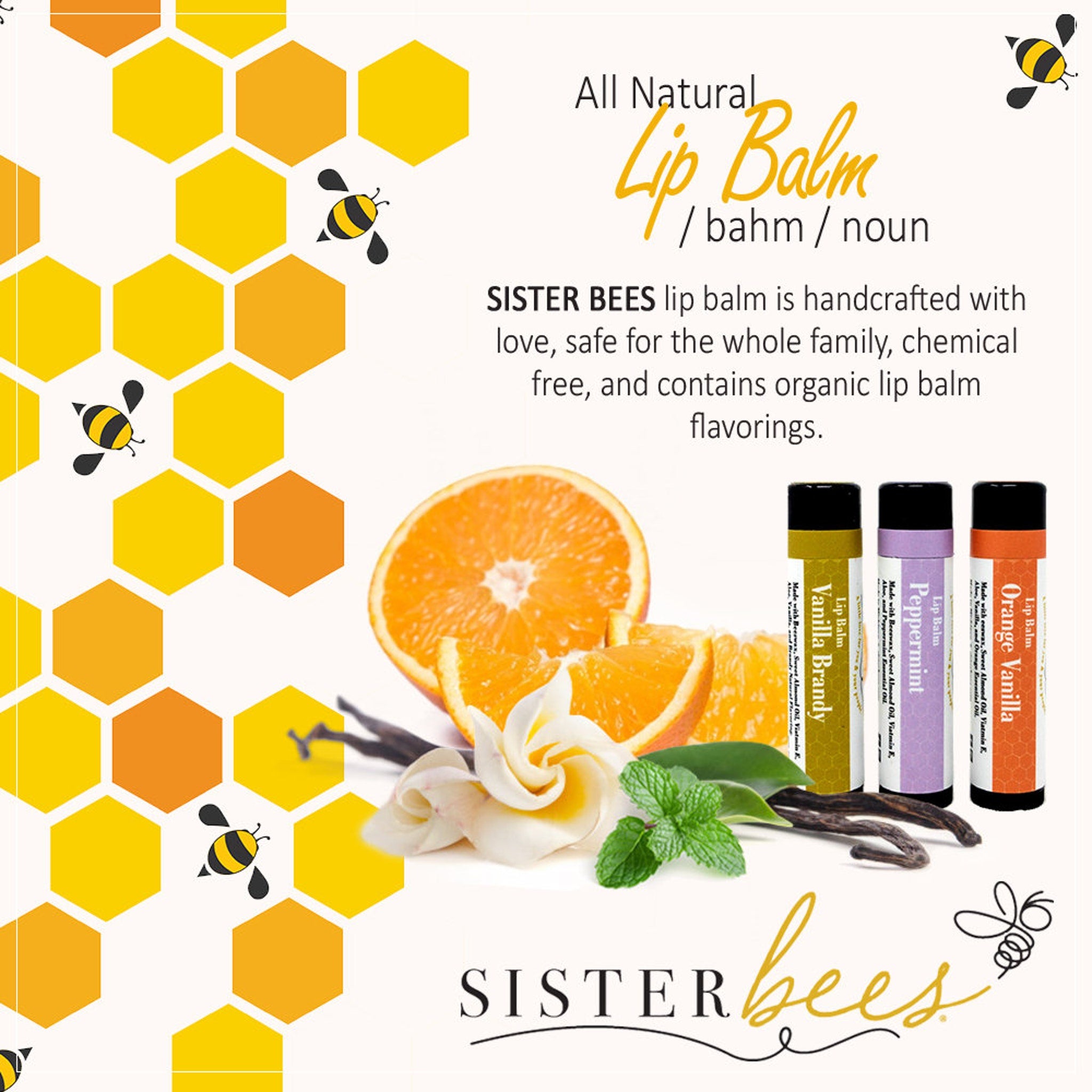 Lip balm tubes in yellow, purple, and orange with brand name Sister Bees and fruit accents