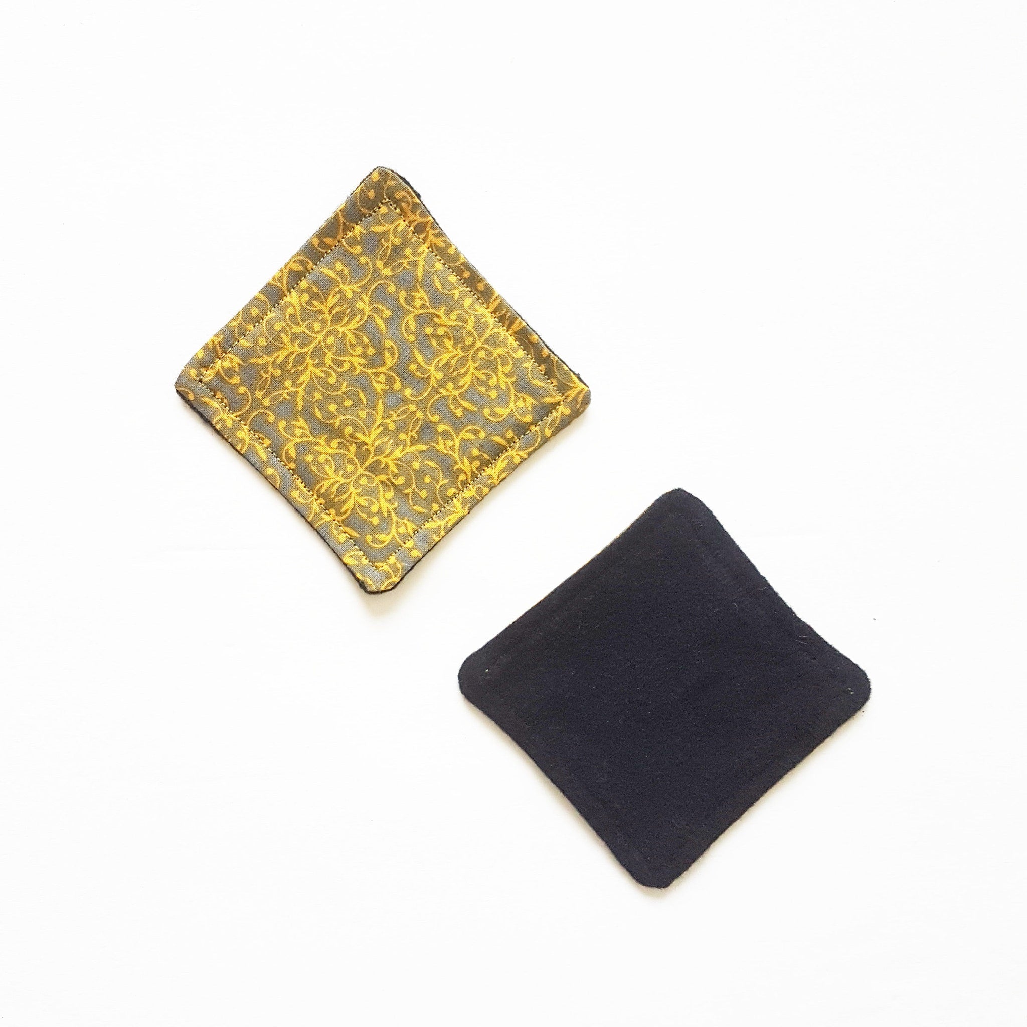 Coaster set, gray and gold patterned fabric, black fabric, square shape