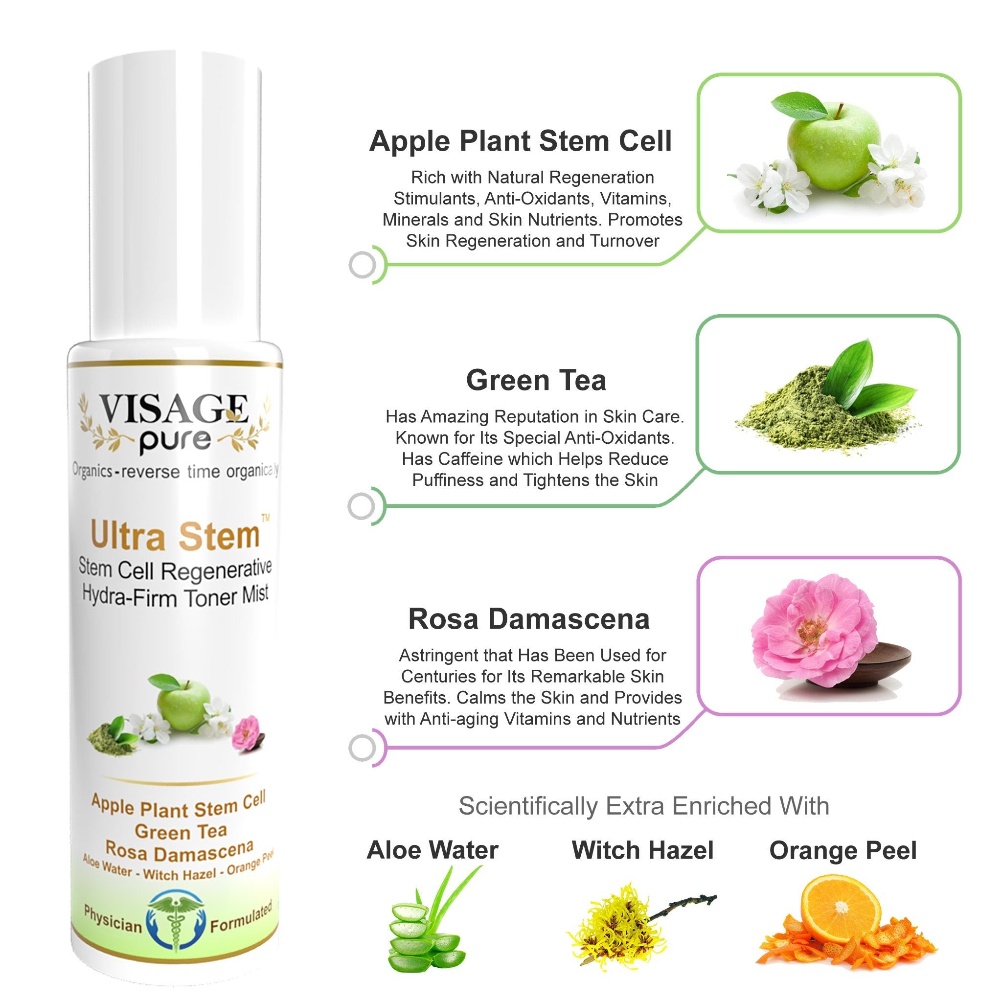 Toner Mist bottle in white and gold with VISAGE pure text, and ingredients shown around it