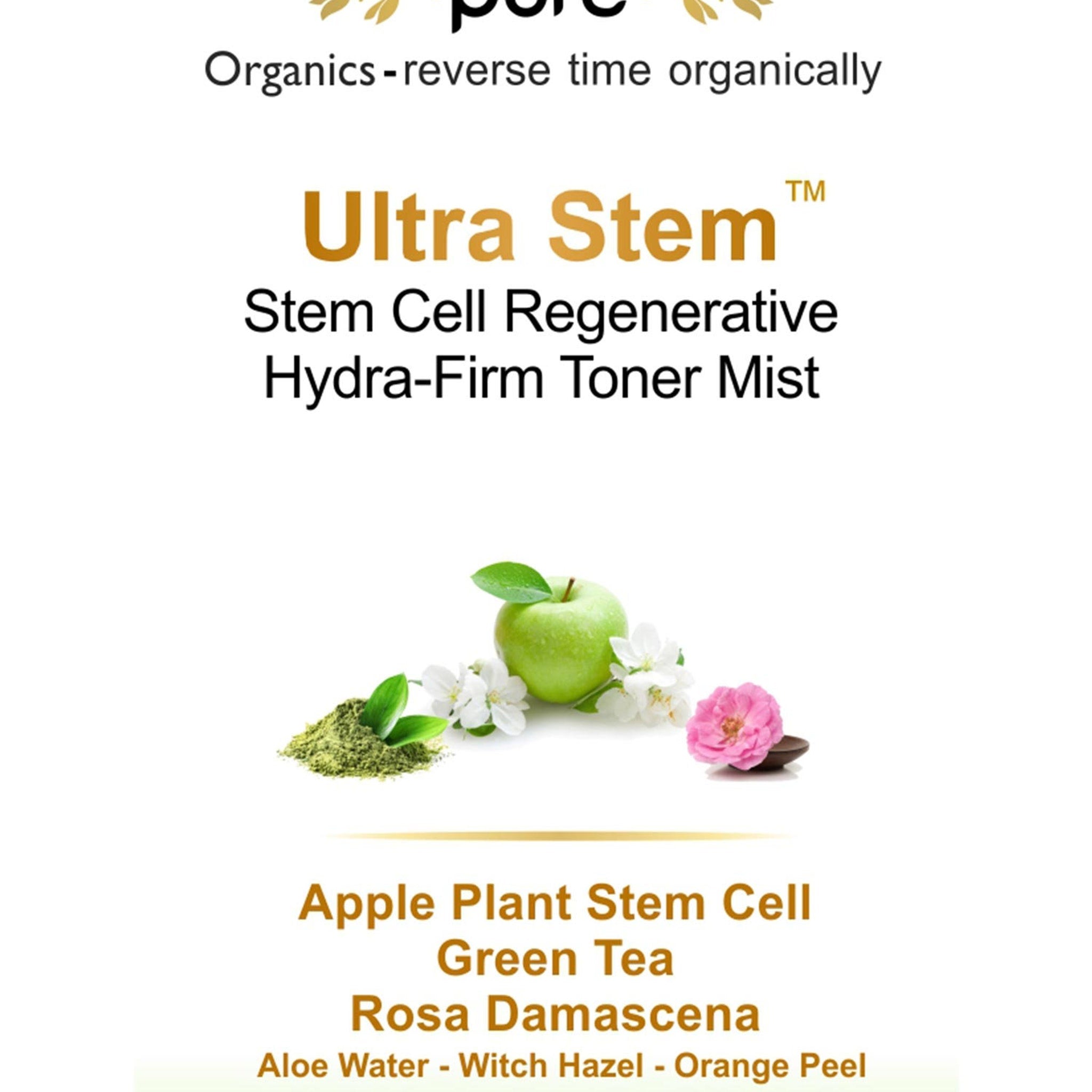 Toner Mist product image with green apple, white flowers, pink rose, and "Ultra Stem" text