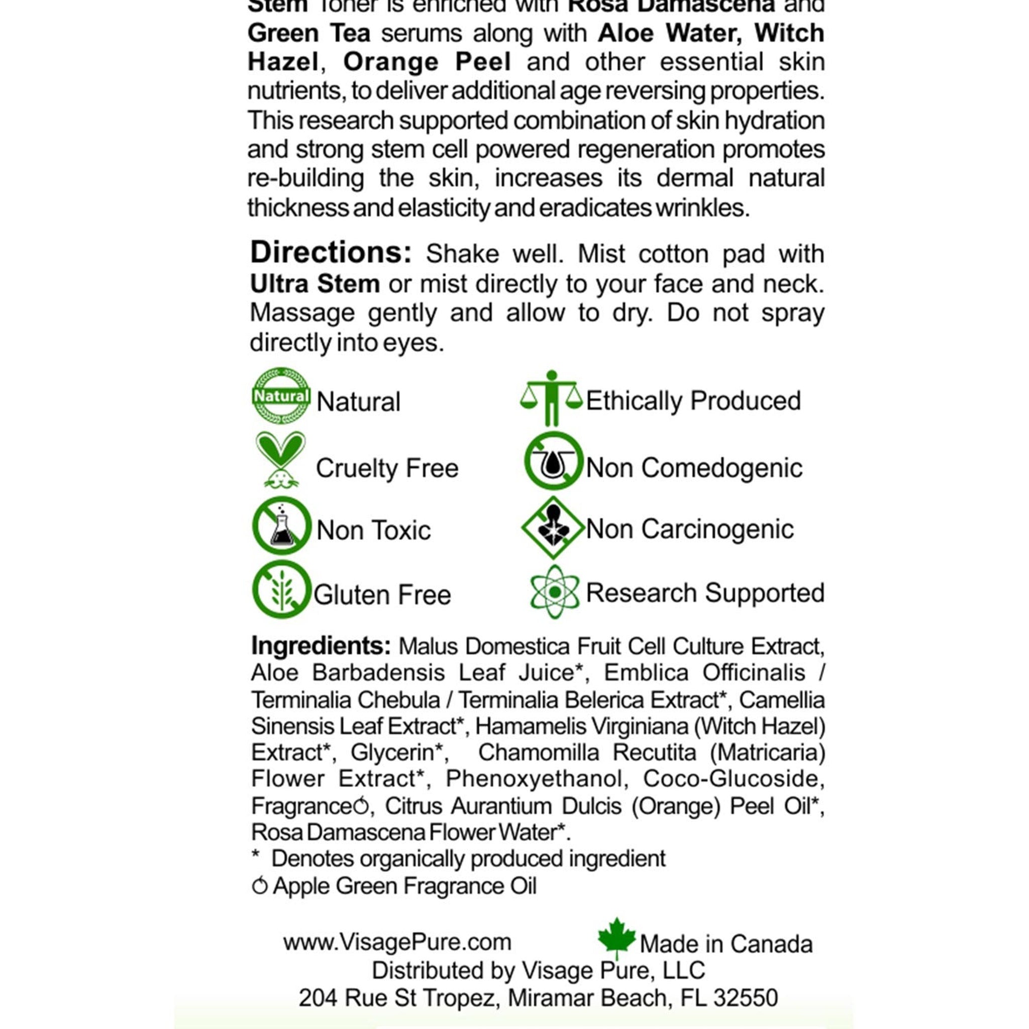 Product information sheet with green and white text, includes icons for natural and cruelty-free, Visage Pure logo