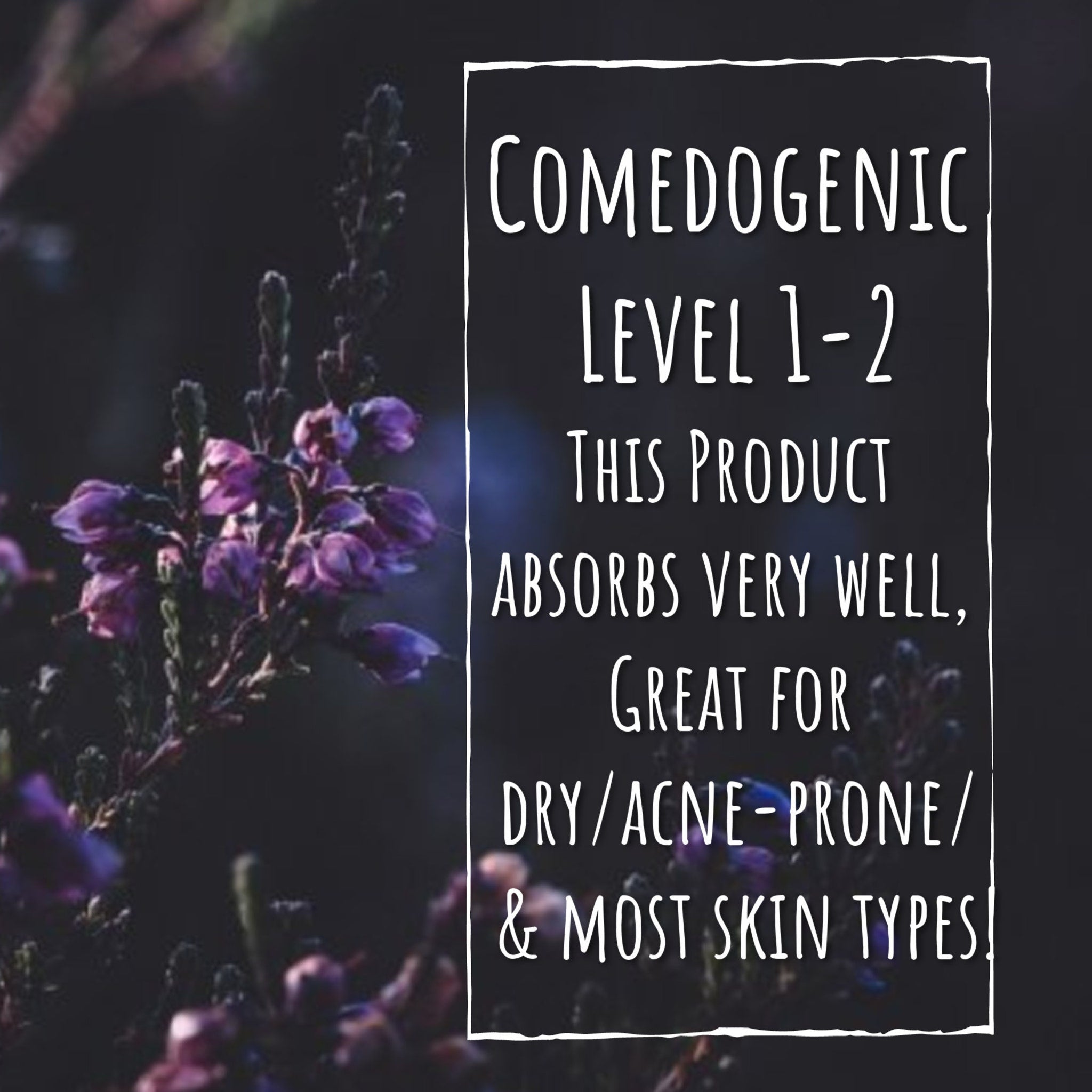 Comedogenic product information on dark background with purple flowers and white text box.