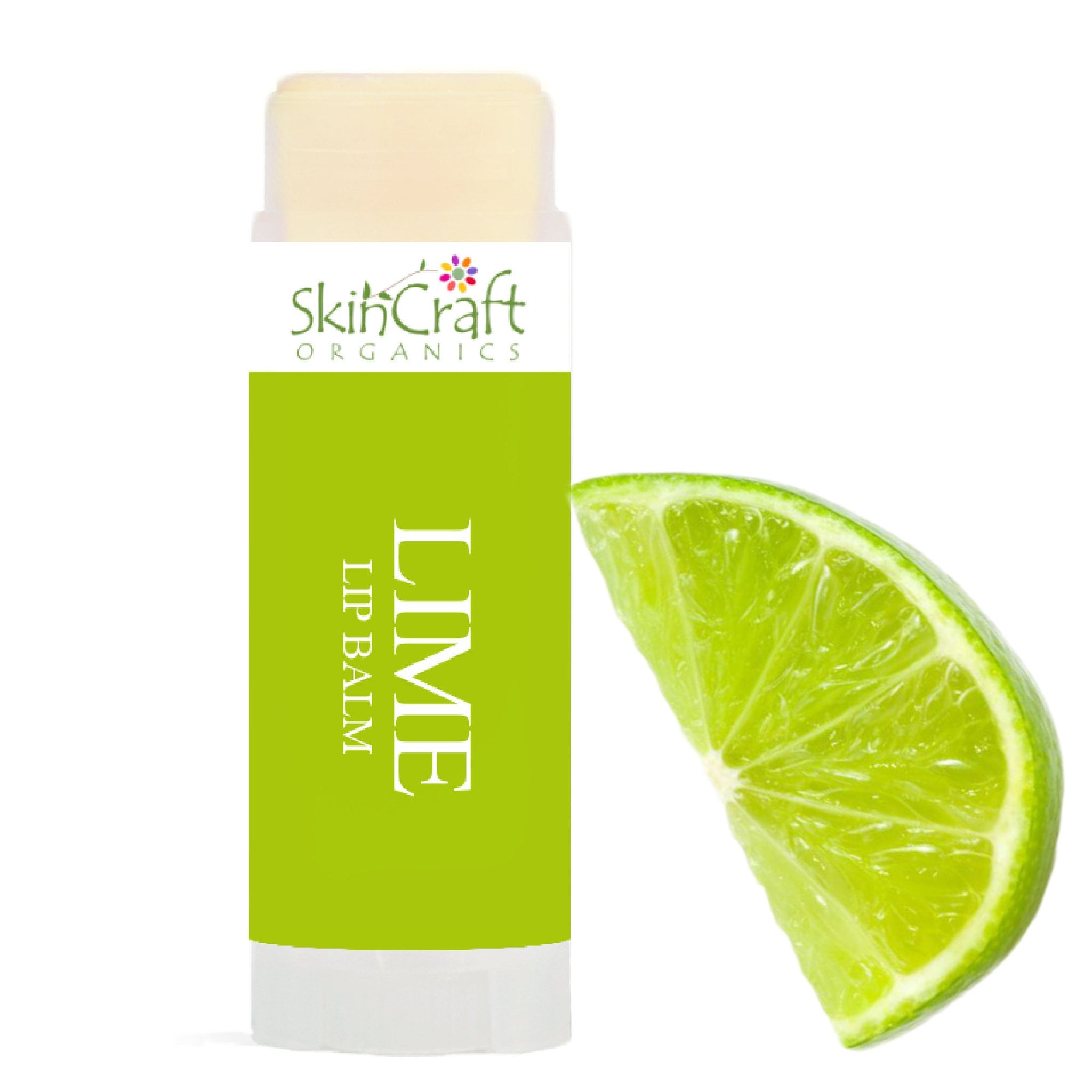 Lip balm tube with lime label, green and white, SkinCraft Organics branding, and lime slice beside it