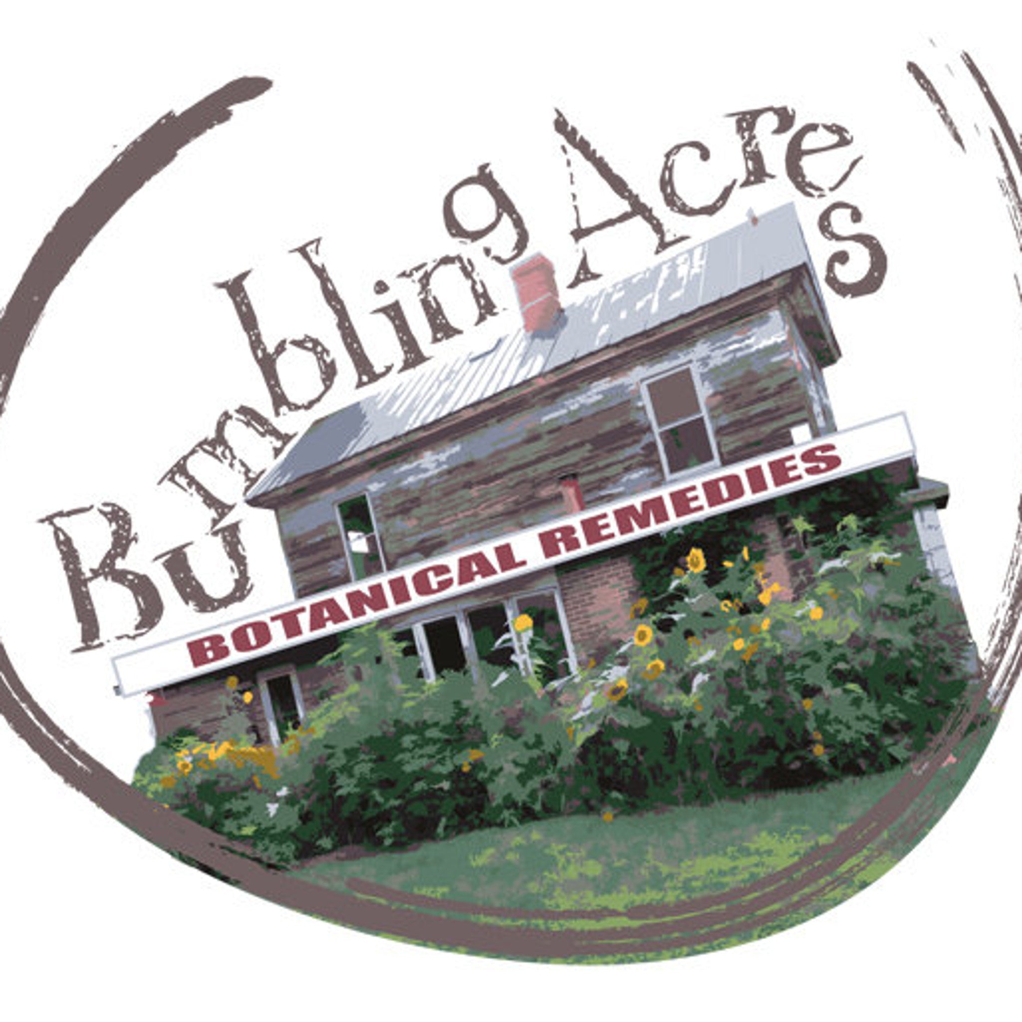 Bling Acres logo with brown text, weathered building, and green foliage in a circular design