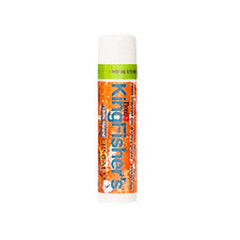 Lip balm stick with white cap, orange and green label, Kingfisher's brand text visible