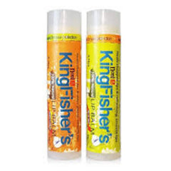 Lip balm tubes in orange and yellow with Kingfisher's brand text and white cap design
