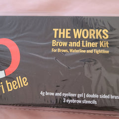 Open compact with matte brown brow powder and angled brush, plus dark liner cake