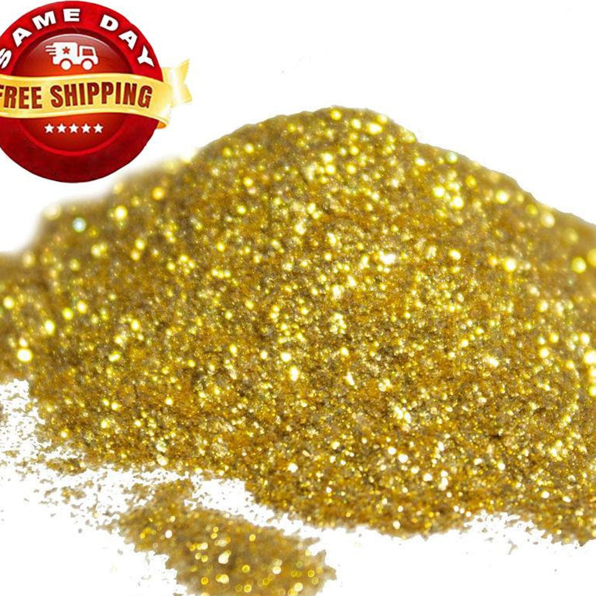 Golden glitter eye shadow pigment powder in a sleek glass jar with black lid, sparkling under studio lighting.