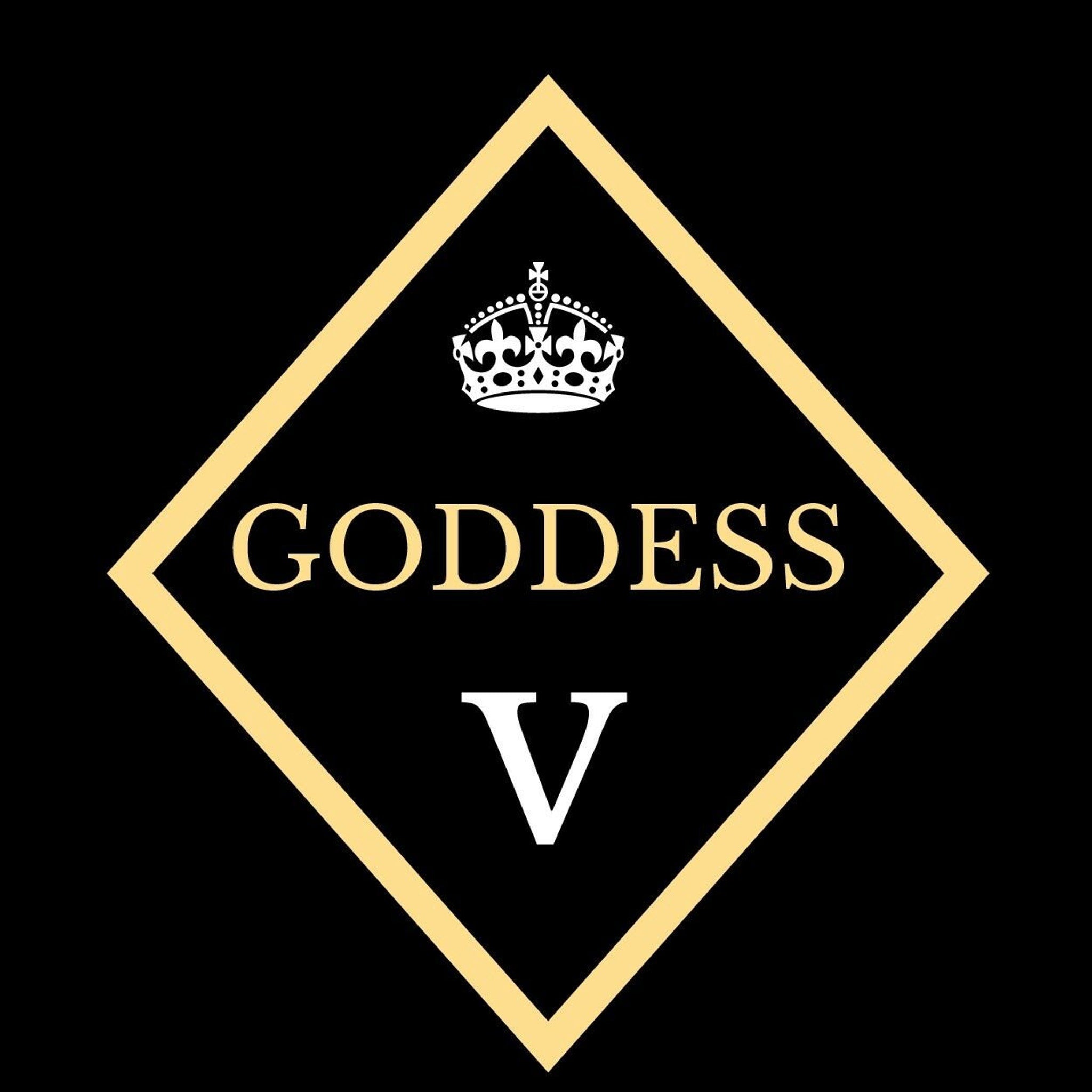 Goddess V logo with white crown and text, gold border on black background, diamond shape design