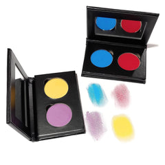 Eye shadow duo palette with black case, blue and red colors, swatches shown