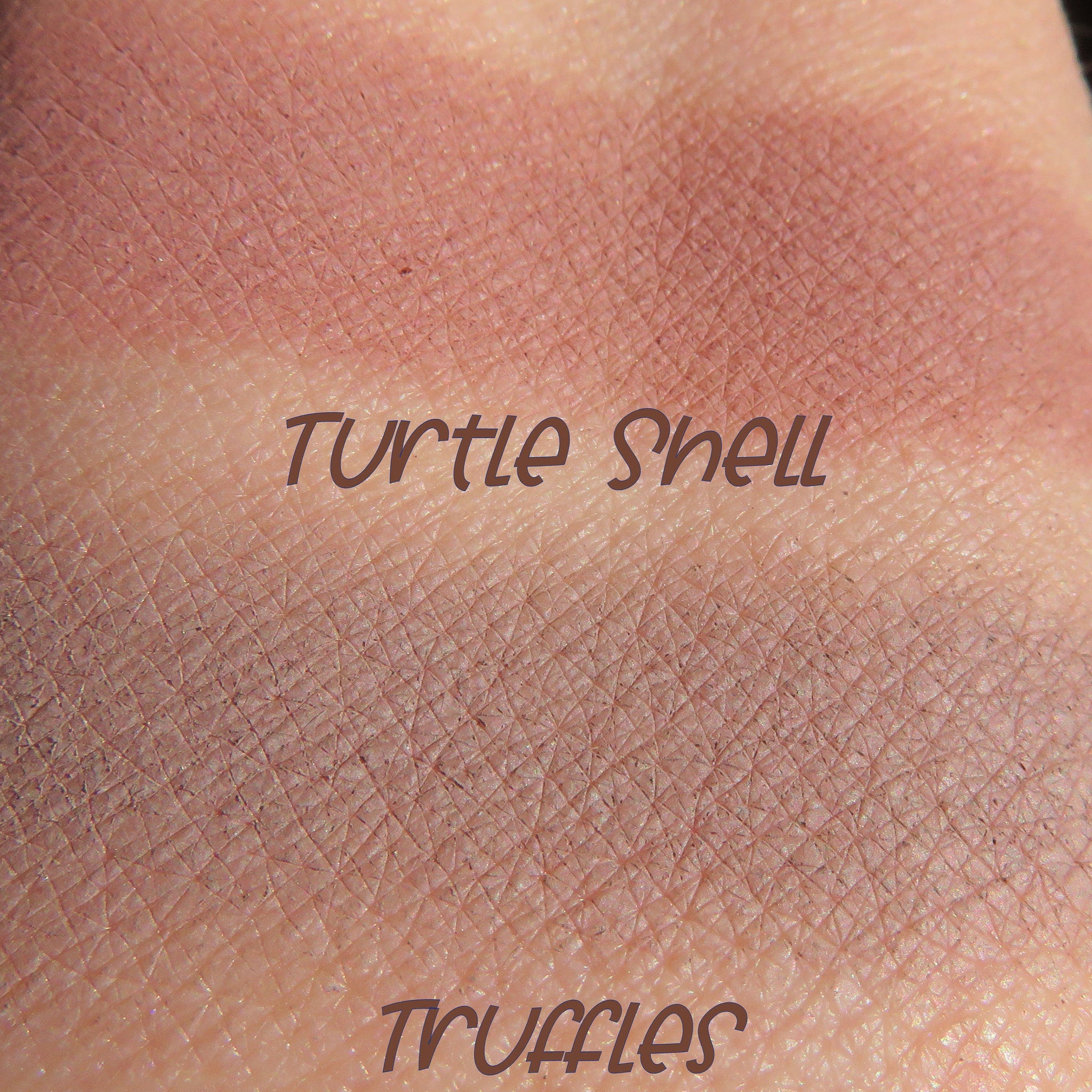 Two open jars of matte brown vegan eyeshadow powders in truffle and turtle shell shades with sifter lids
