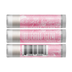 Lip balm with pink and white packaging, "Bubble Gum" text, and Delight Naturals brand name visible.