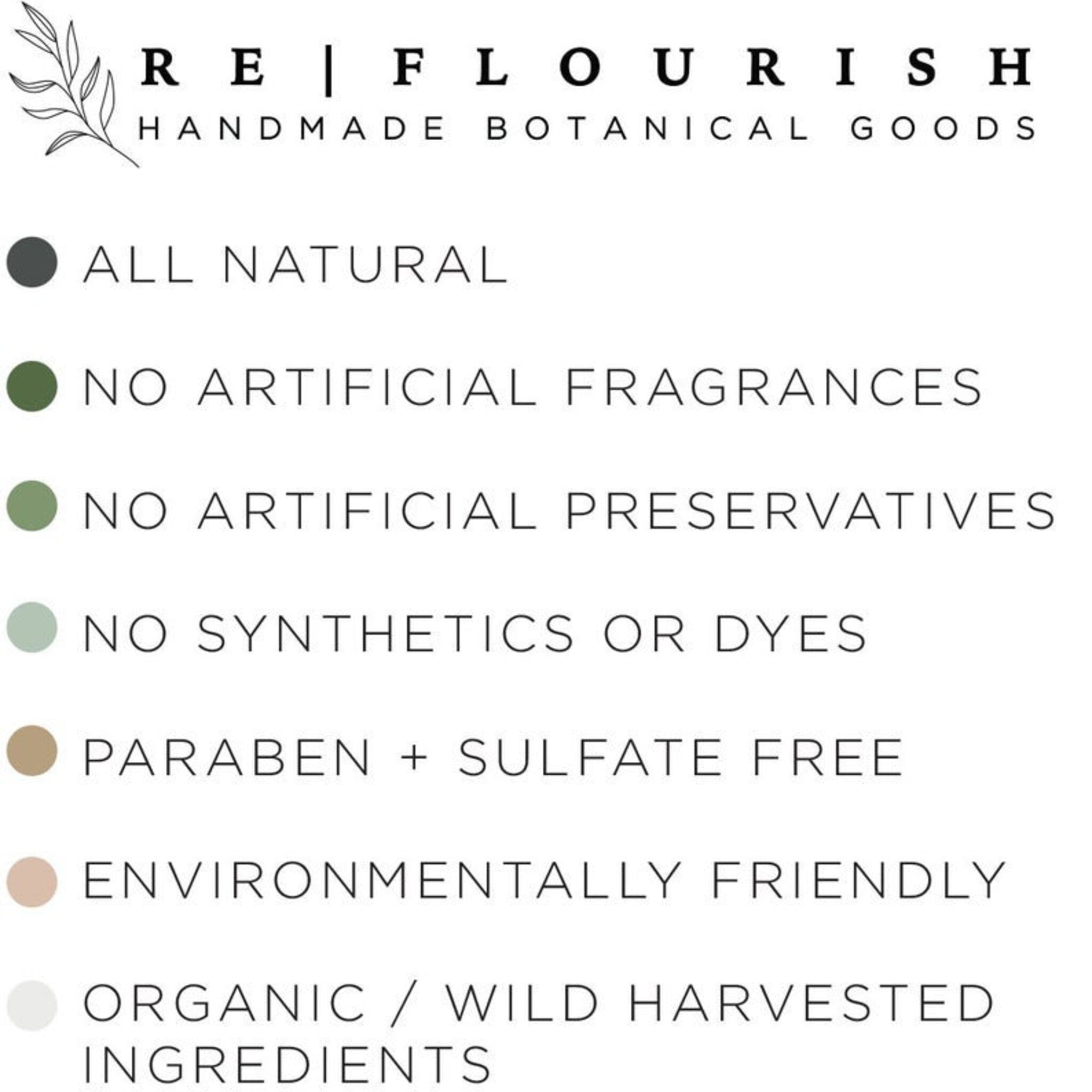 Botanical goods information graphic with text and colored dots, "RE|FLOURISH" brand