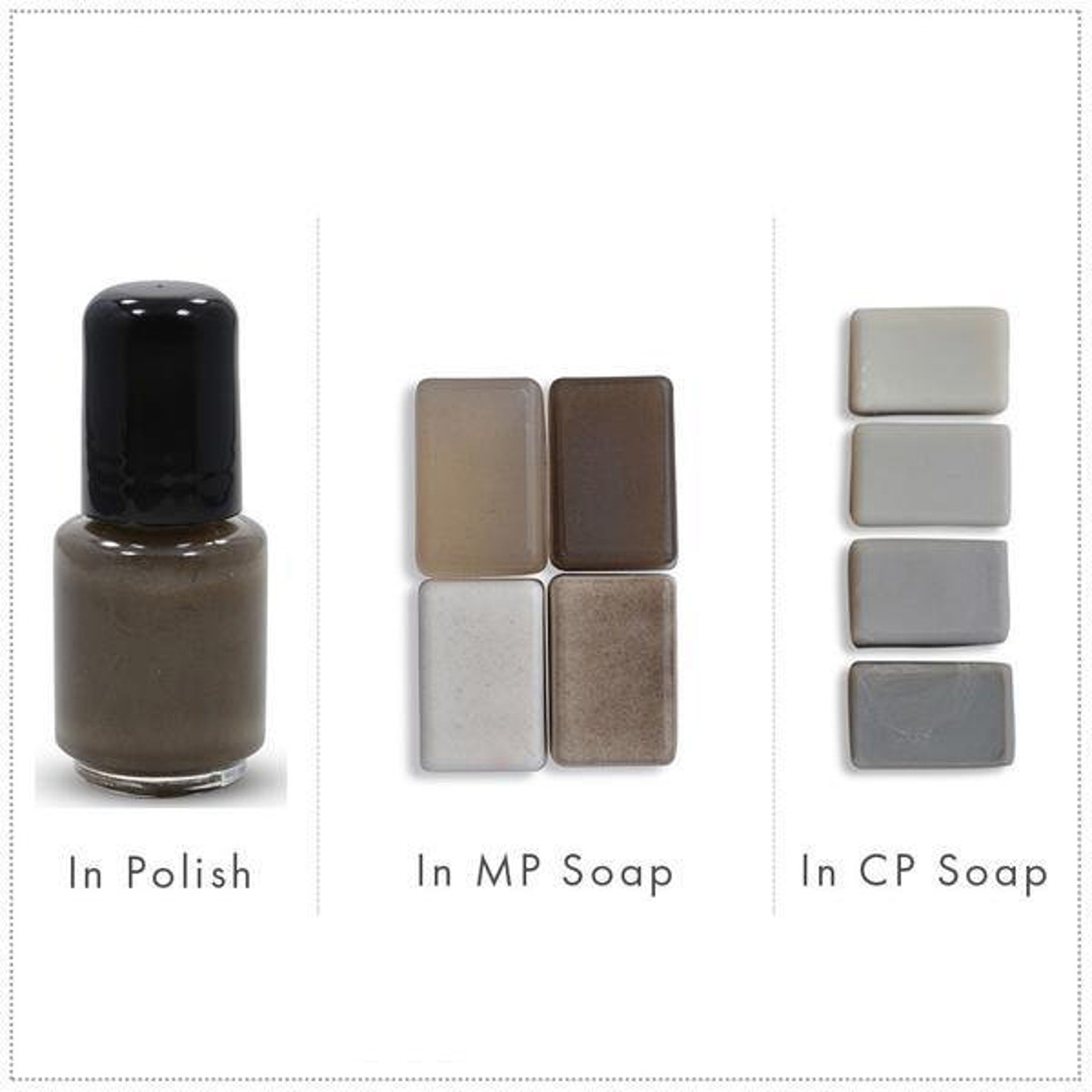 Nail polish bottle with black cap, and various soap bars in different colors