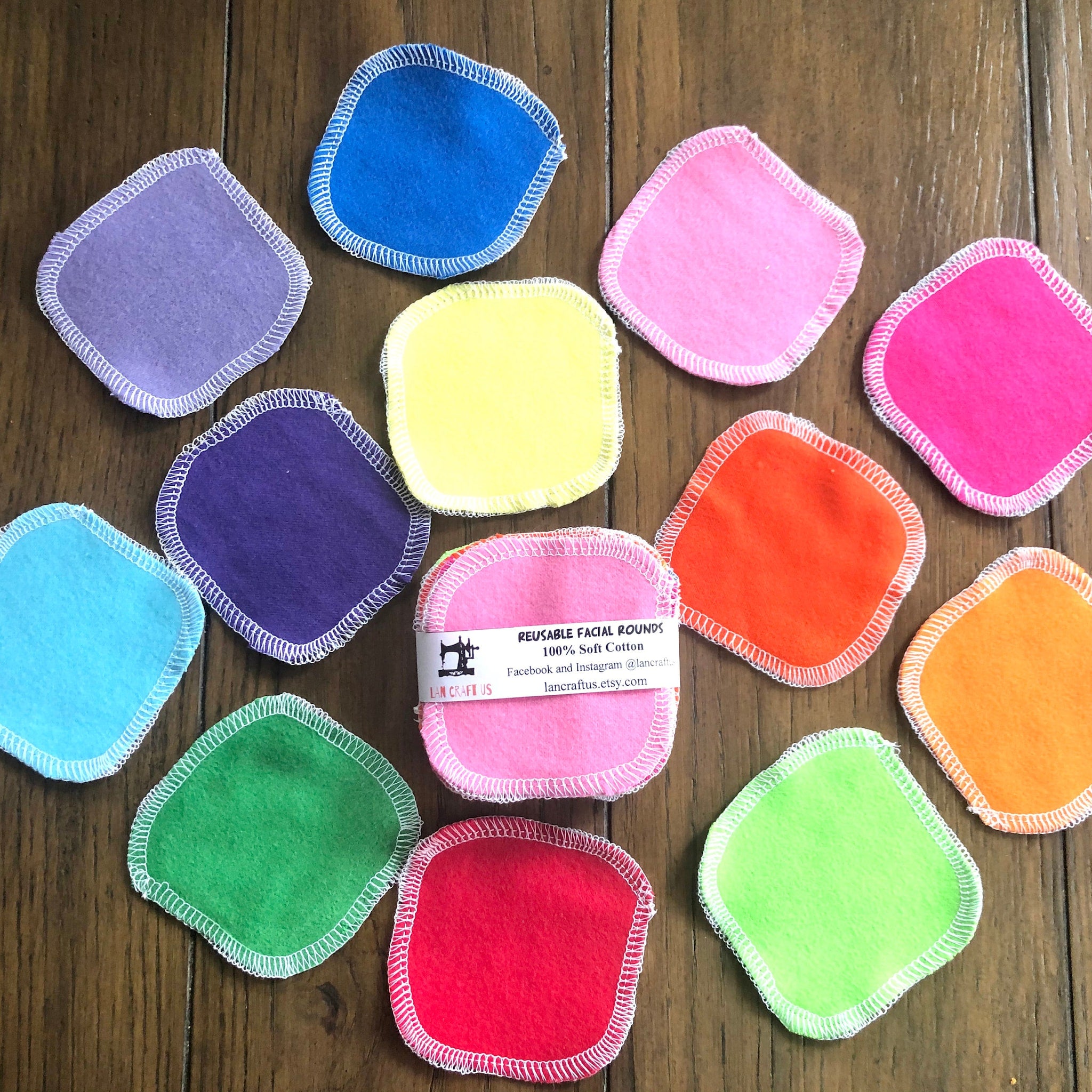 Reusable facial rounds, colorful soft cotton fabric with white stitched edges, LanCraftUS brand