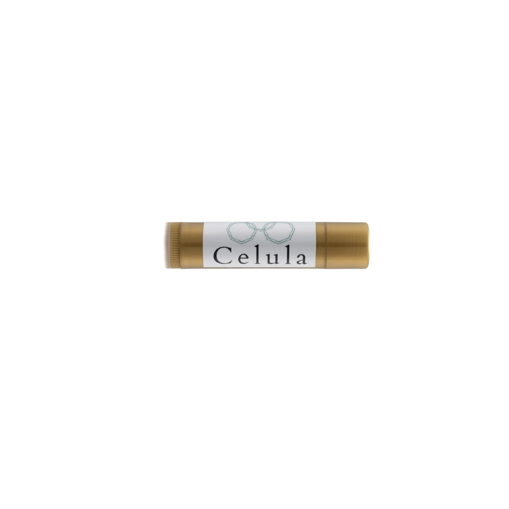 Lip balm tube, gold-colored, with white label and "Celula" text