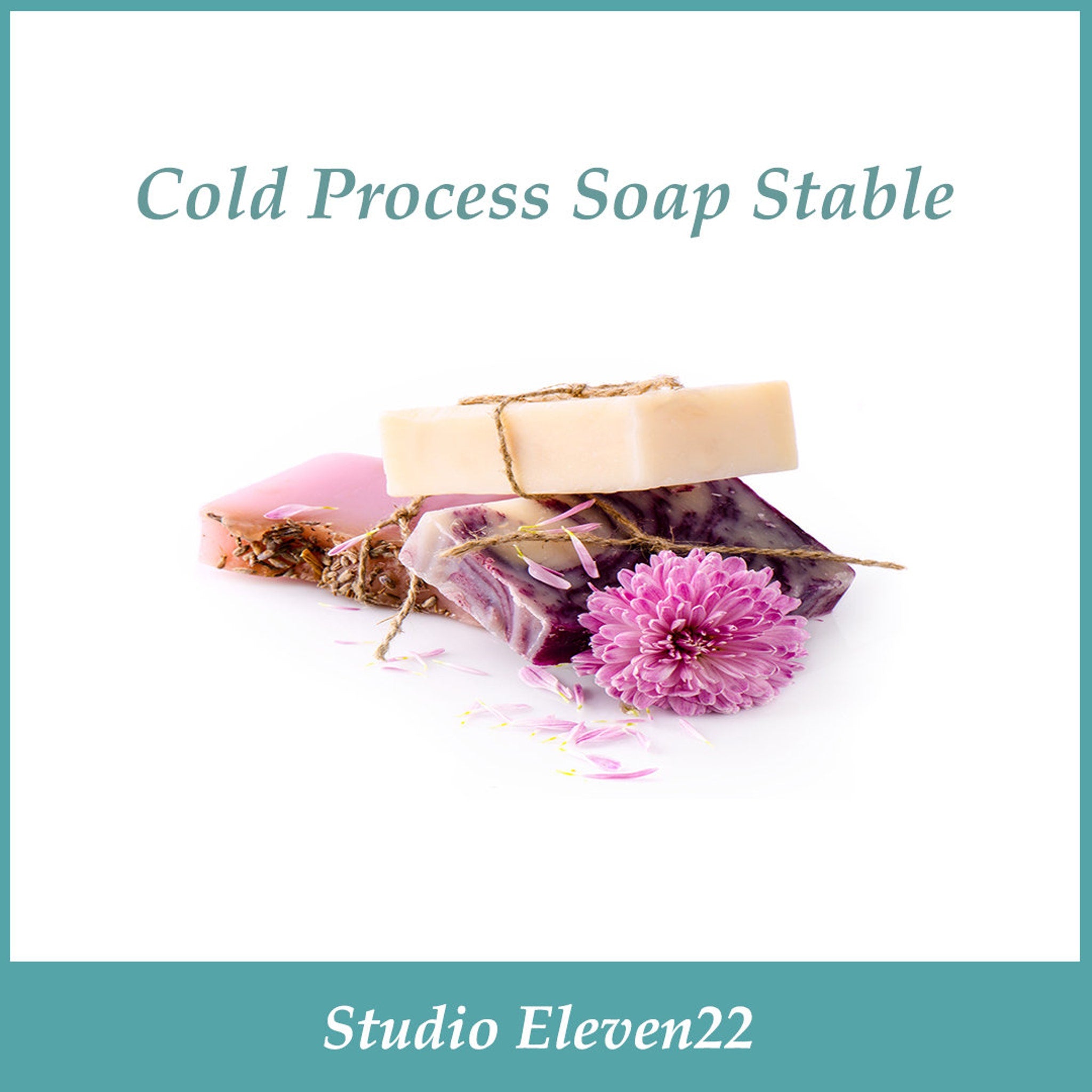 Soap bars with beige, pink, and purple colors, tied with twine, with Studio Eleven22 text.