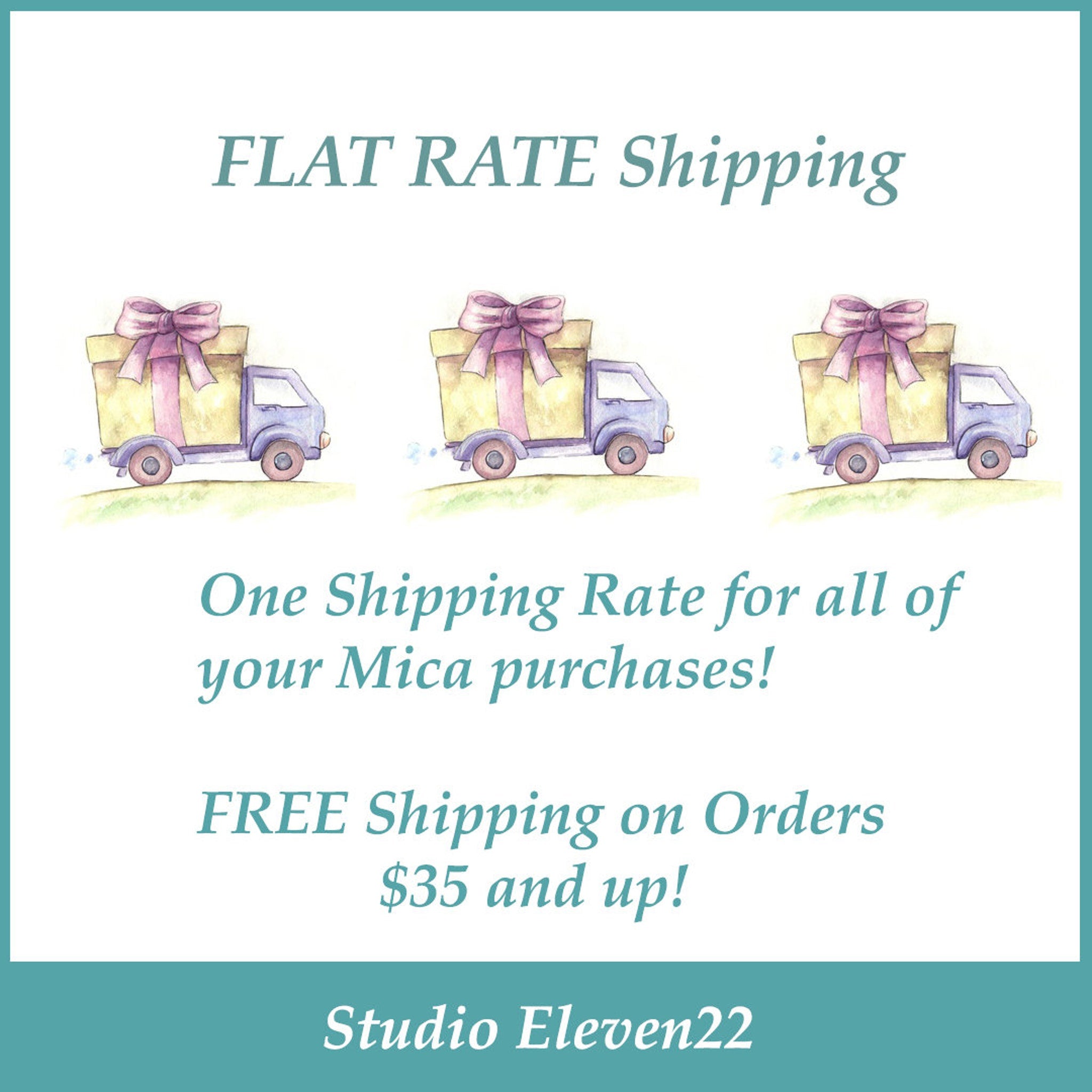 Shipping graphic with watercolor trucks, yellow boxes, purple bows, and Studio Eleven22 text