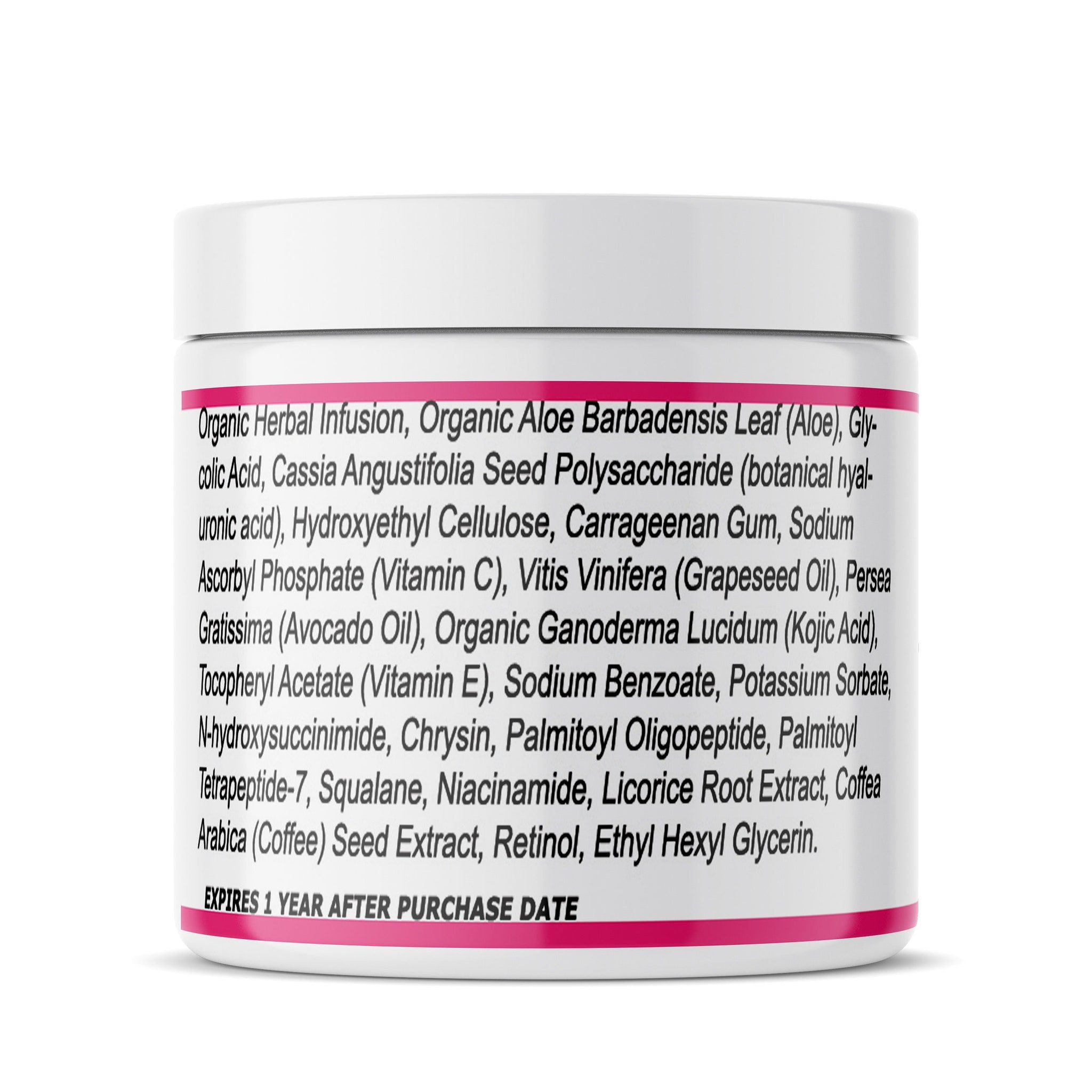 White jar with pink band and black text, ingredient list visible on product label