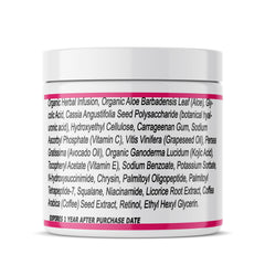White jar with pink band and black text, ingredient list visible on product label
