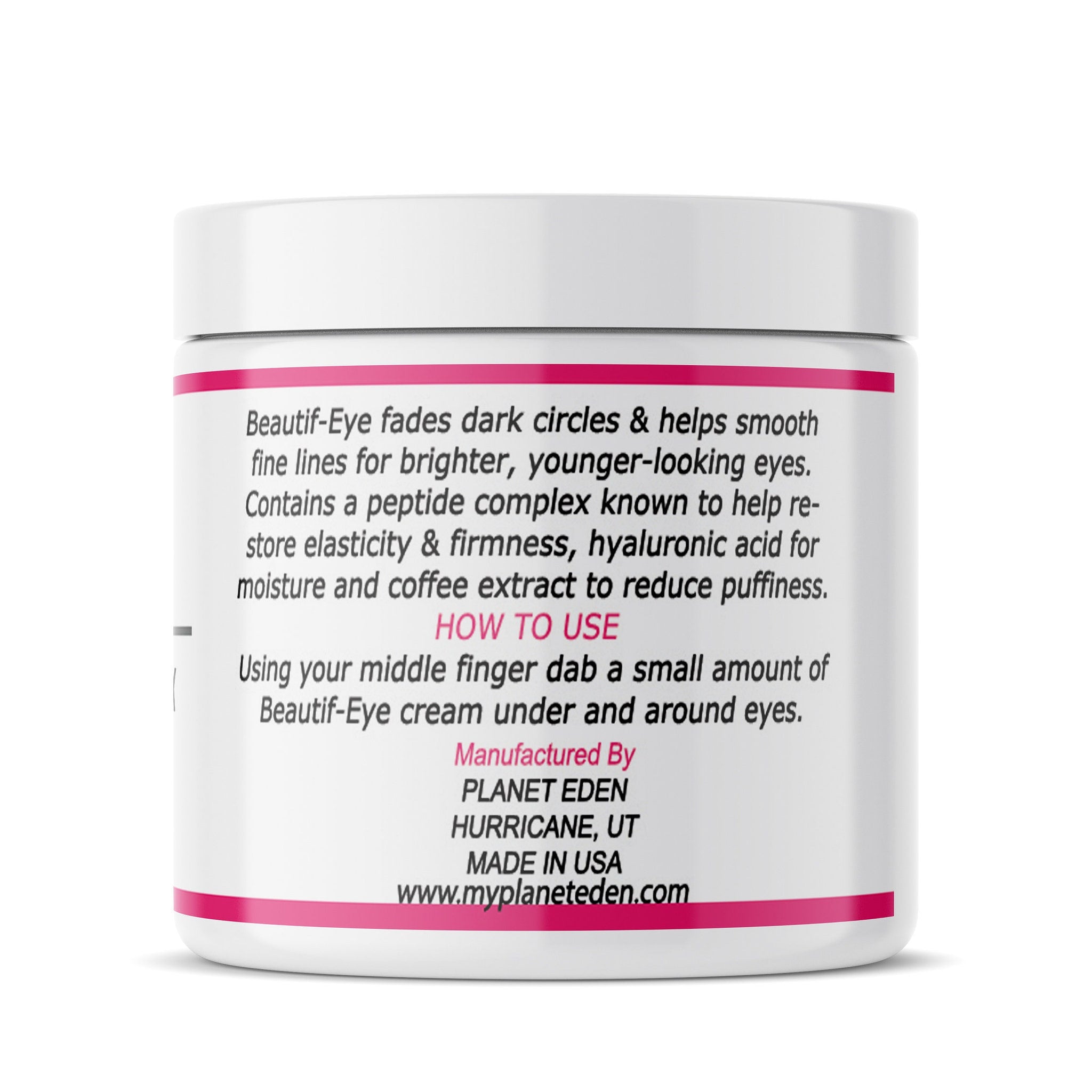 Eye cream jar with white body, pink accent band, and text label for Planet Eden