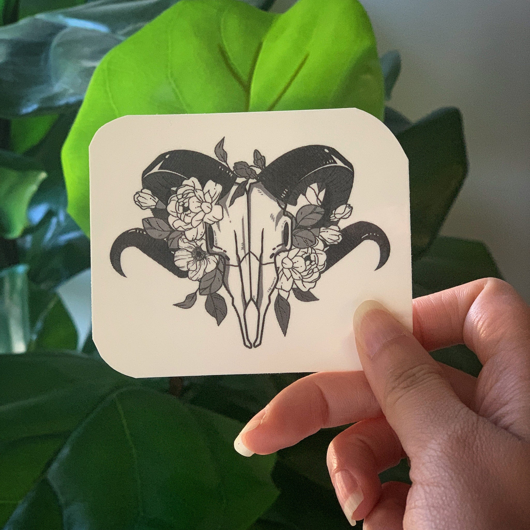 Sticker with black and gray ram skull design, floral pattern, held by hand