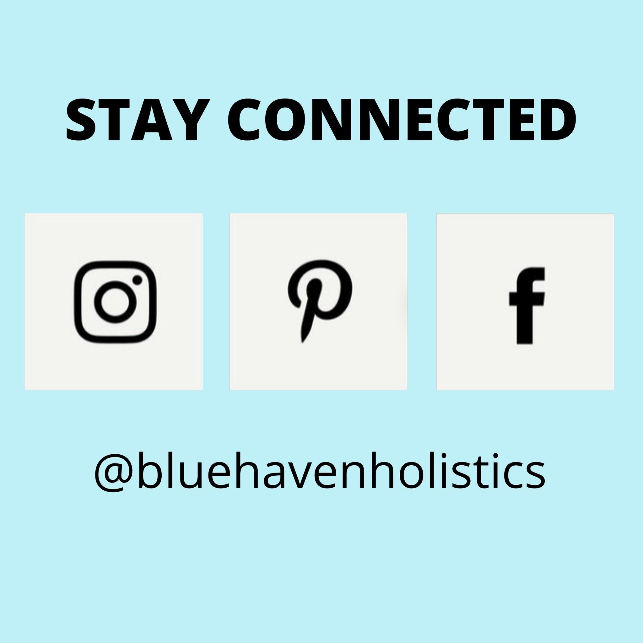 Social media icons on light blue background with black text, @bluehavenholistics branding