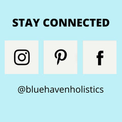Social media icons on light blue background with black text, @bluehavenholistics branding