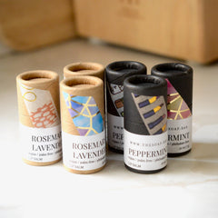 Lip balms in cardboard tubes with patterned paper, The Soap.Bar brand on label