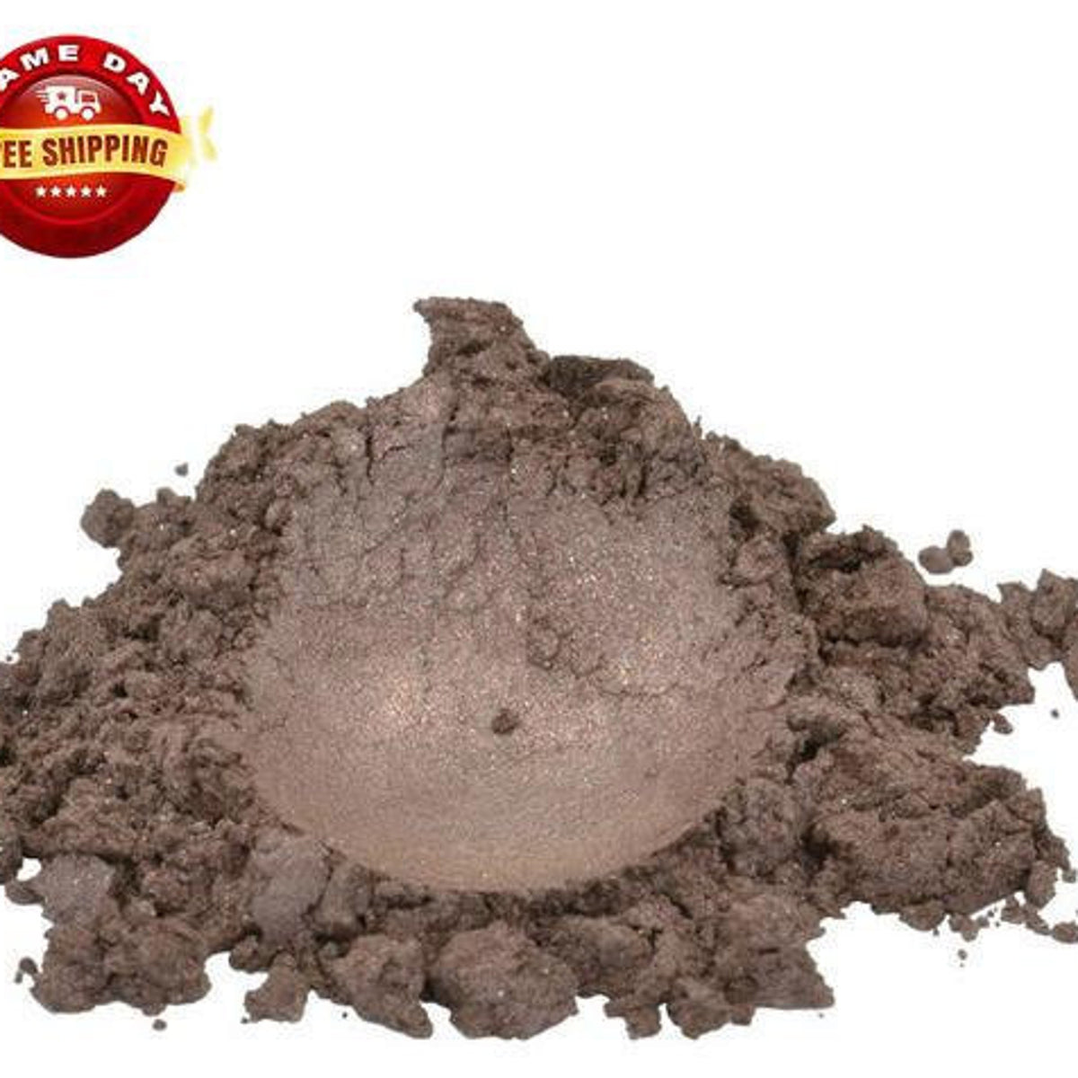 Close-up of luxurious brown mica pigment powder with shimmering moonstone sparkle in a sleek cosmetic jar