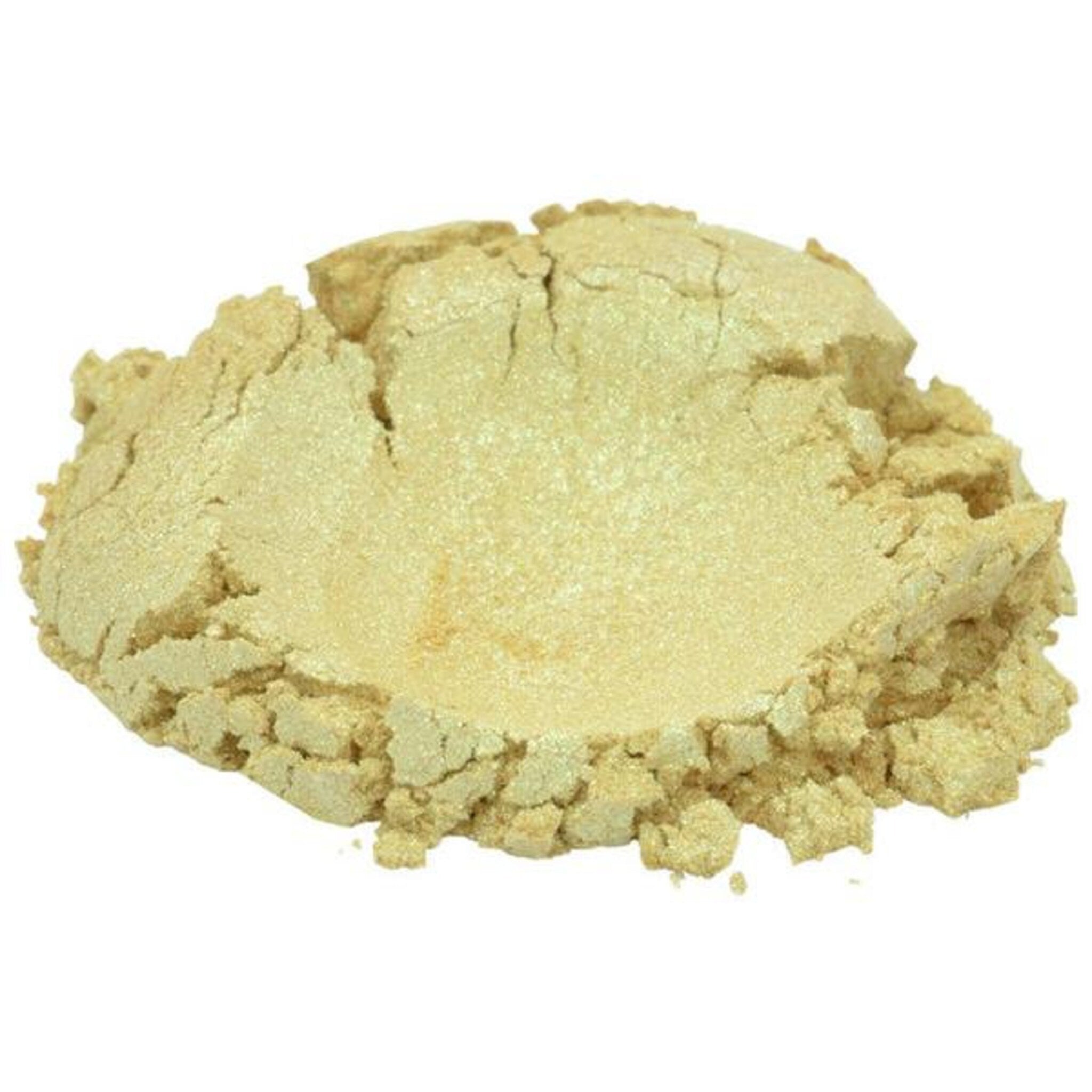 Side view of Zion Views Yellow Gold Mica Pigment jar showing shimmering powder texture and gold-toned packaging