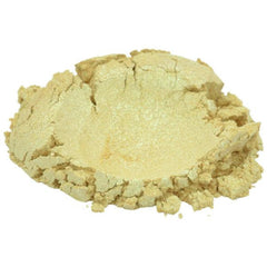 Side view of Zion Views Yellow Gold Mica Pigment jar showing shimmering powder texture and gold-toned packaging