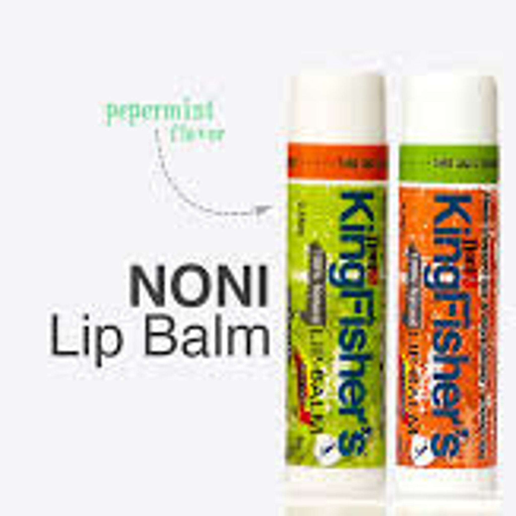 Noni lip balm tubes with white caps, green and orange labels, Kingfisher's brand name visible