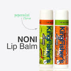 Noni lip balm tubes with white caps, green and orange labels, Kingfisher's brand name visible