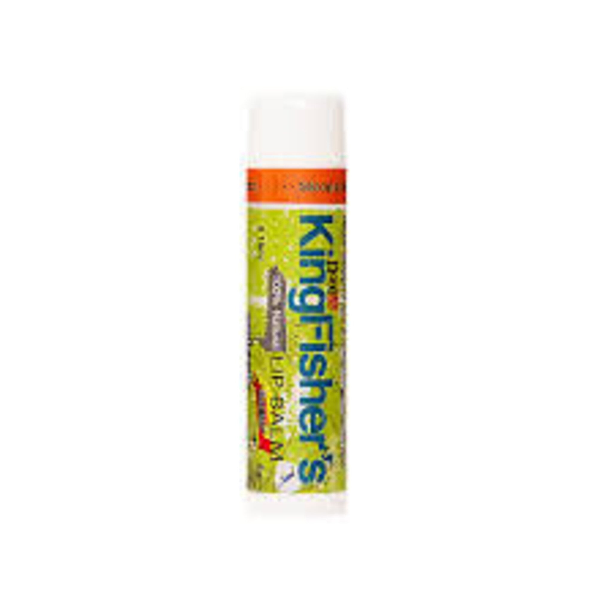 Lip balm tube with white cap, green and orange label, Kingfisher's brand name visible
