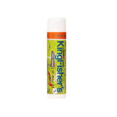 Lip balm tube with white cap, green and orange label, Kingfisher's brand name visible
