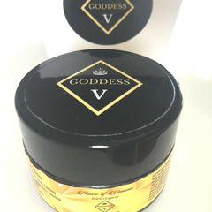 Black jar with gold label and Goddess V text, on white background